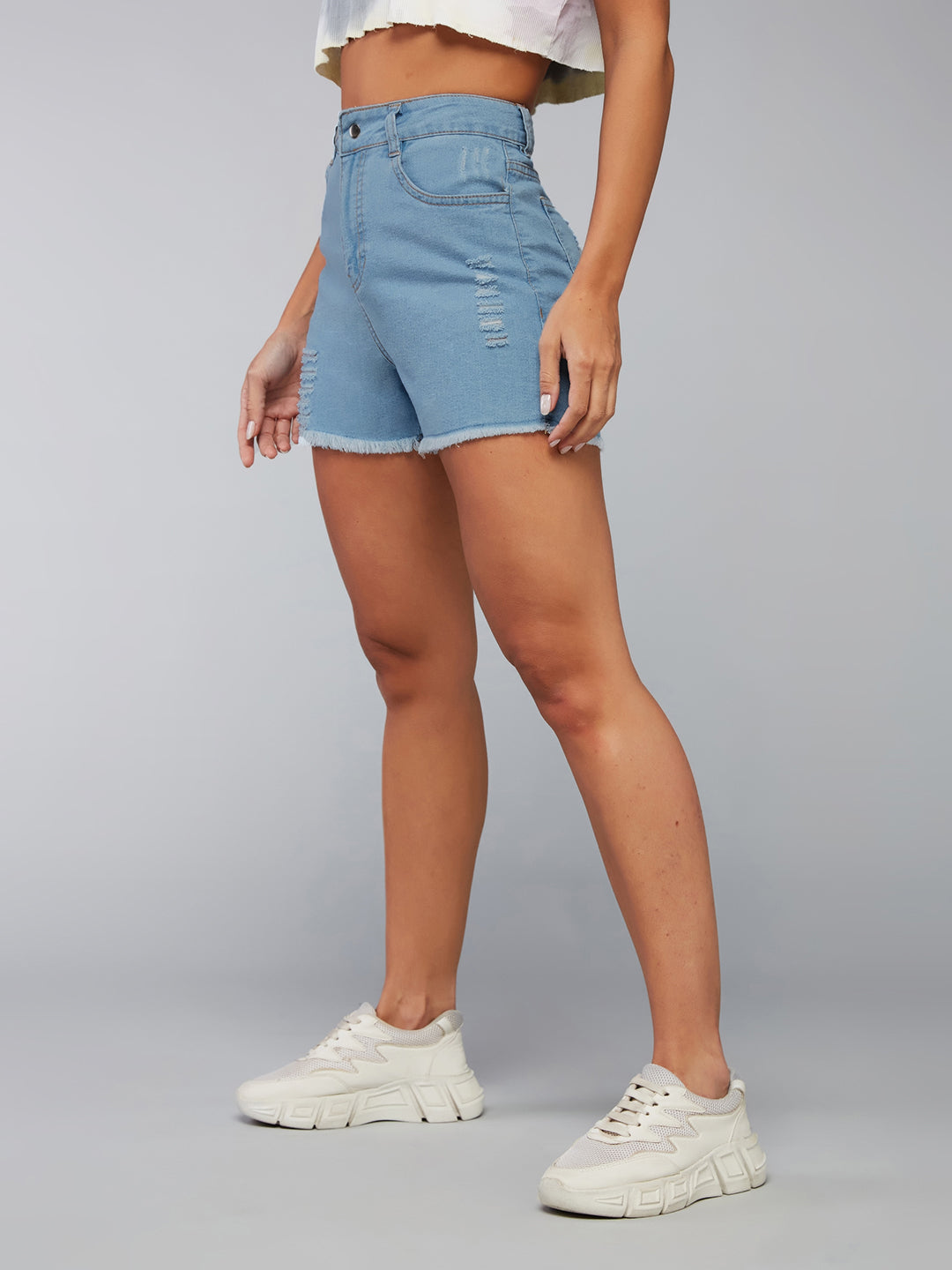Women's Blue Relaxed Mid Rise High Distress Regular Non Stretchable Denim Shorts