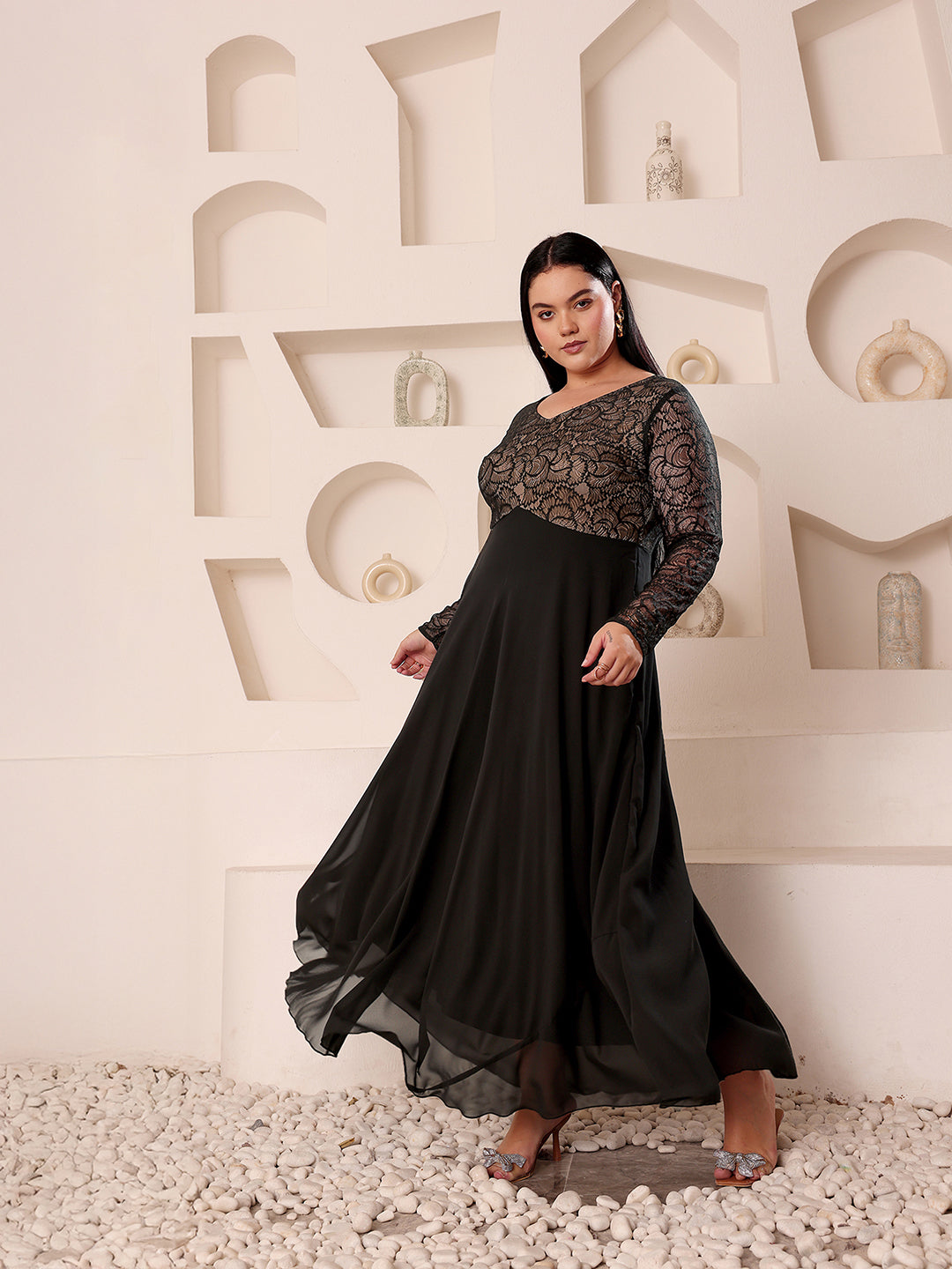 Women's Black V-Neck Full-Sleeves Self-Design Lace-Overlaid Georgette Maxi Dress