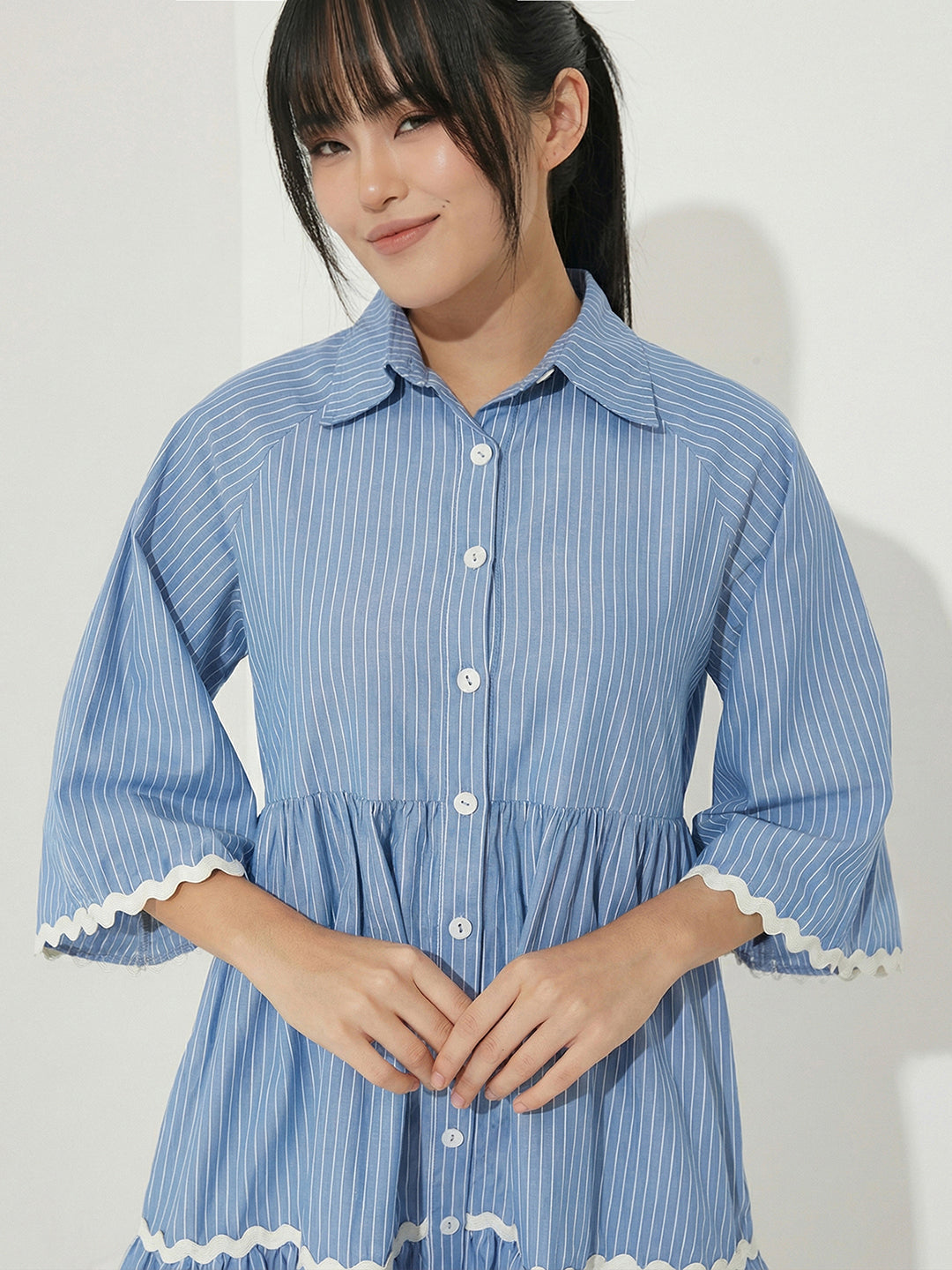 Light Blue Striped Cotton Shirt Dress with Flared Sleeves and Tiered Hem for Women