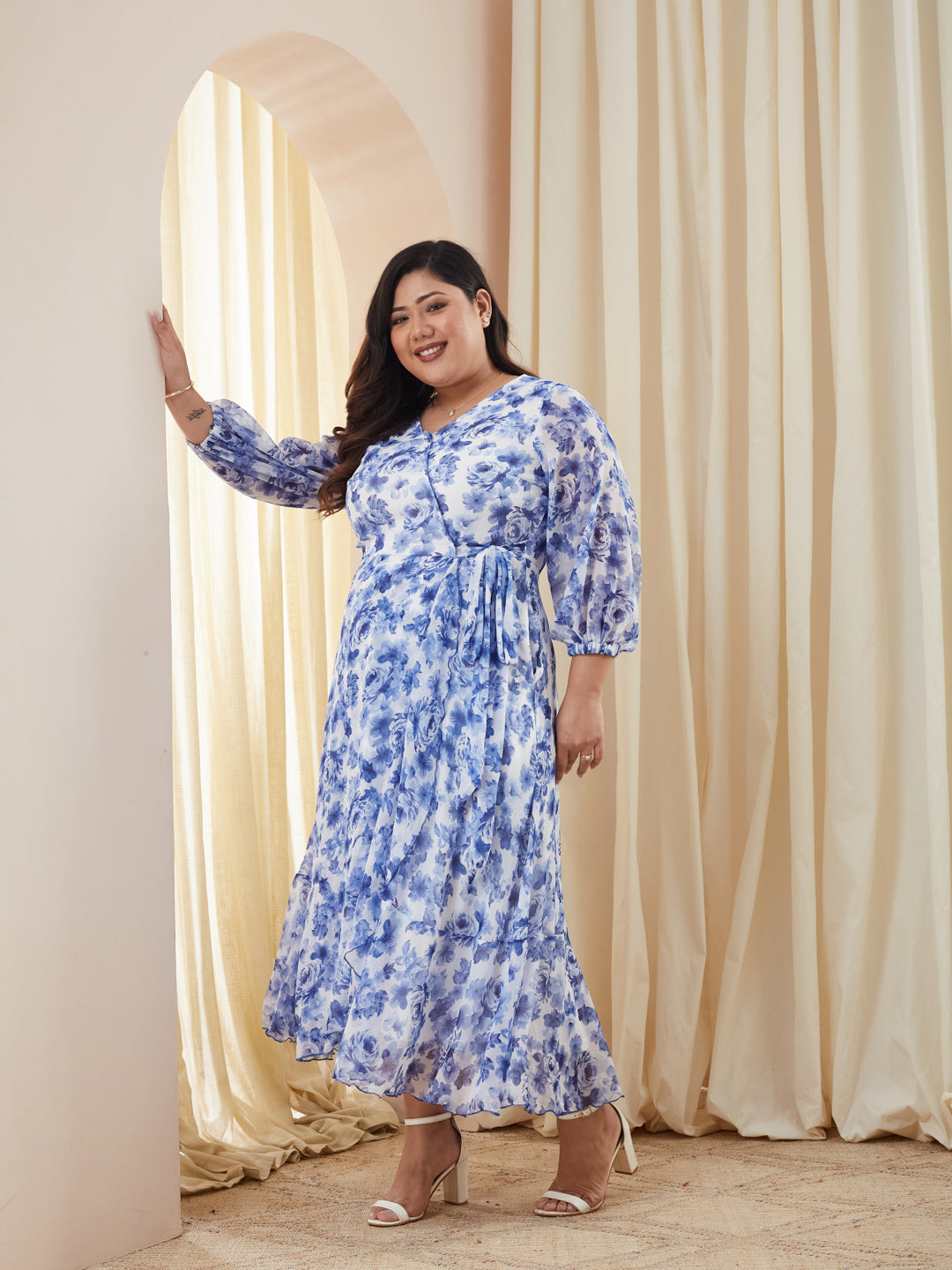 Multicolored Base White Chiffon plus-size dress — Miss Chase A+