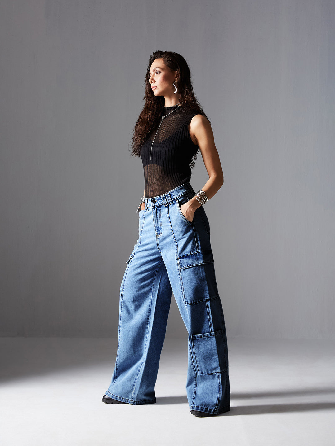 Women's Light Blue Wide-Leg High Rise Regular Denim Pant