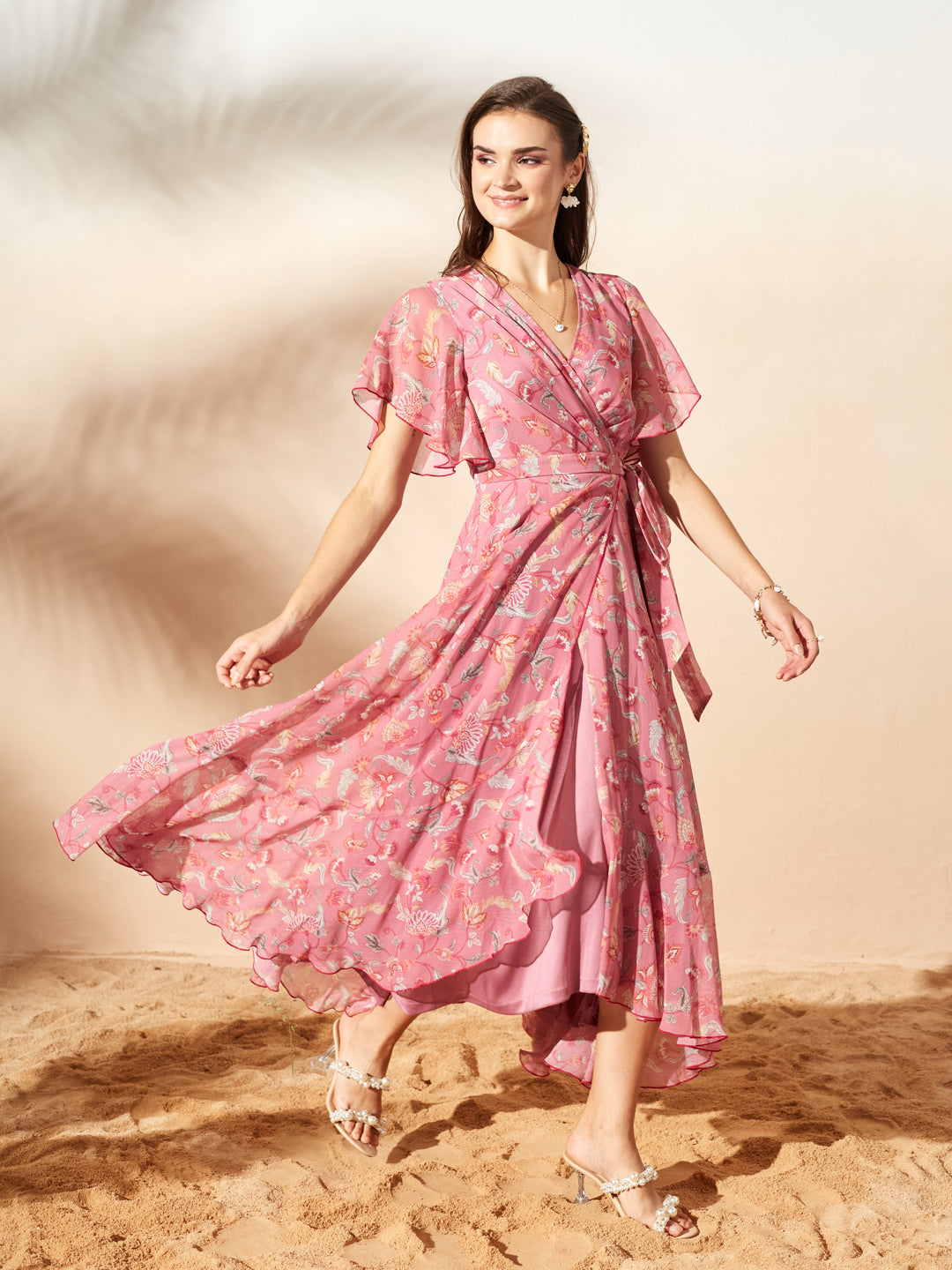 Pink V-Neck Flared Floral Overlap/Tie-Up Maxi Chiffon Dress for Women