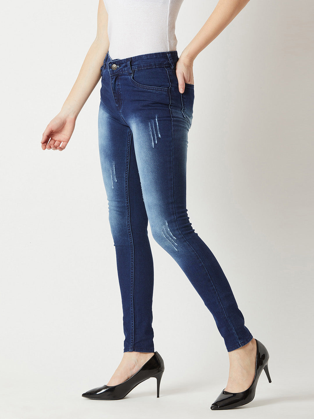 Women's Blue Skinny Mid Rise Clean Look Scraping Detailing Regular Length Stretchable Denim Jeans