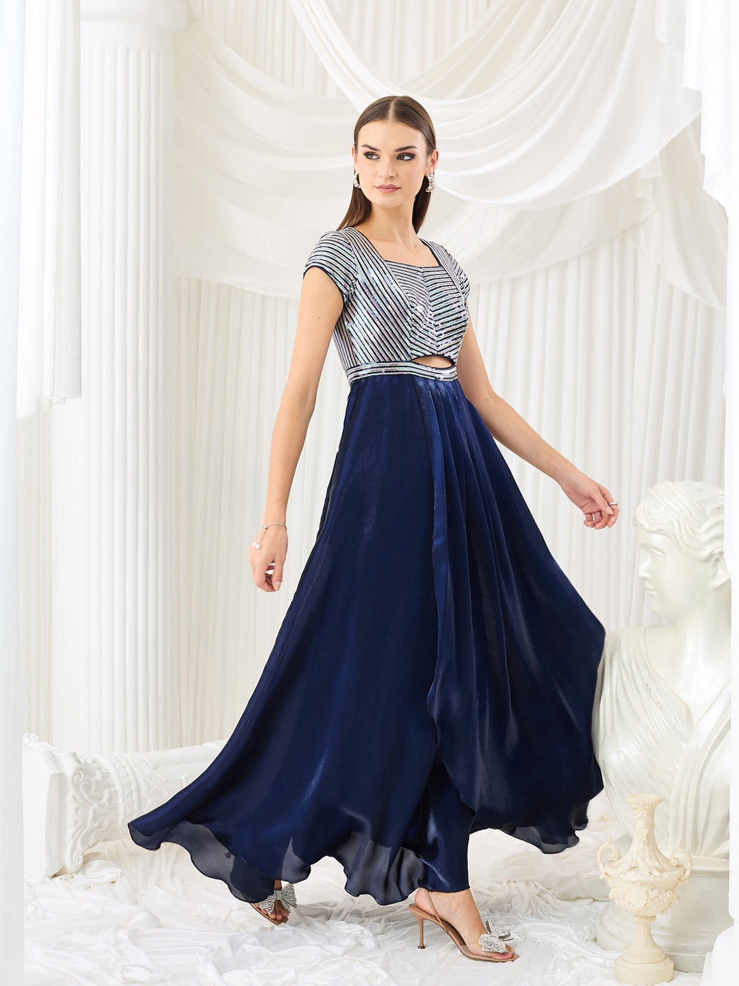 Navy Blue Sweetheart Embellished Gown in Premium Pleated Satin for Women