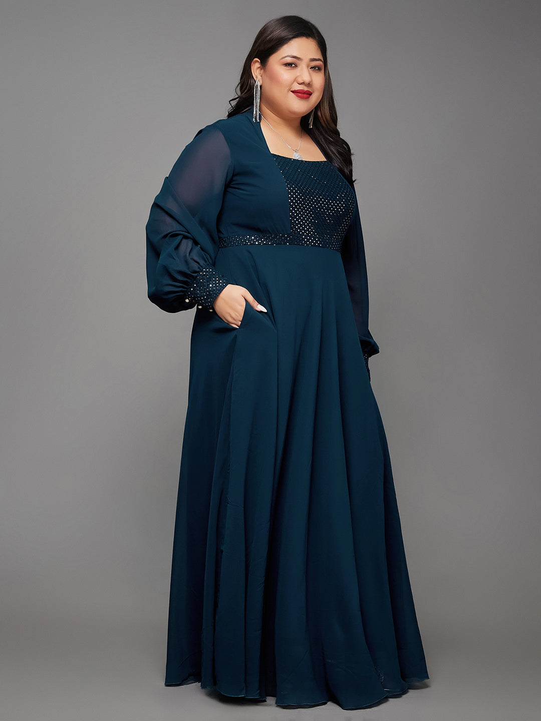 Teal Mandarin-Collar Bishop Sleeve Embellished Panelled Georgette Maxi Dress for Women