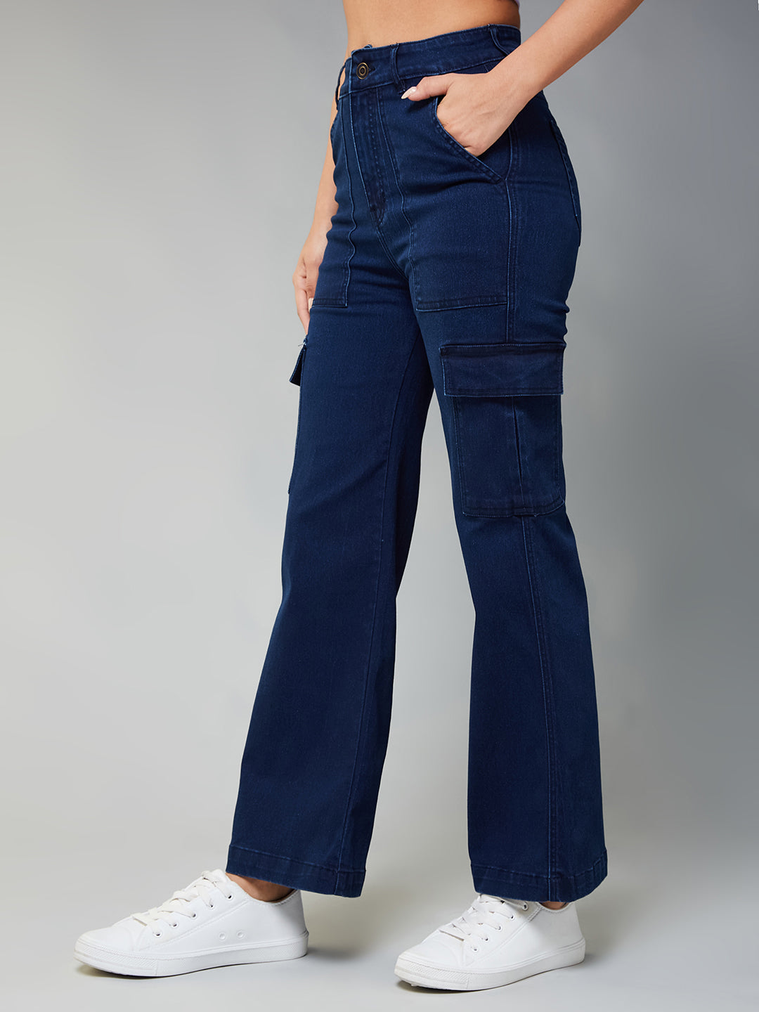 24/7 Comfort Women's Navy Blue Wide-Leg High Rise Clean Look Regular-Length Stretchable Denim Cargo Jeans