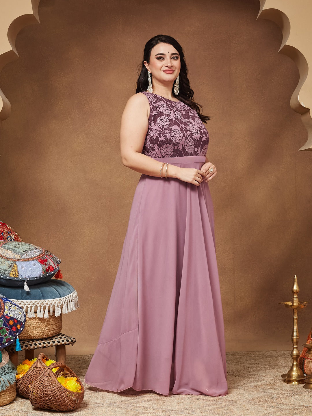 Lavender Round neck Sleeveless Solid Lace Overlaid Maxi Dress for Women — Miss Chase A+