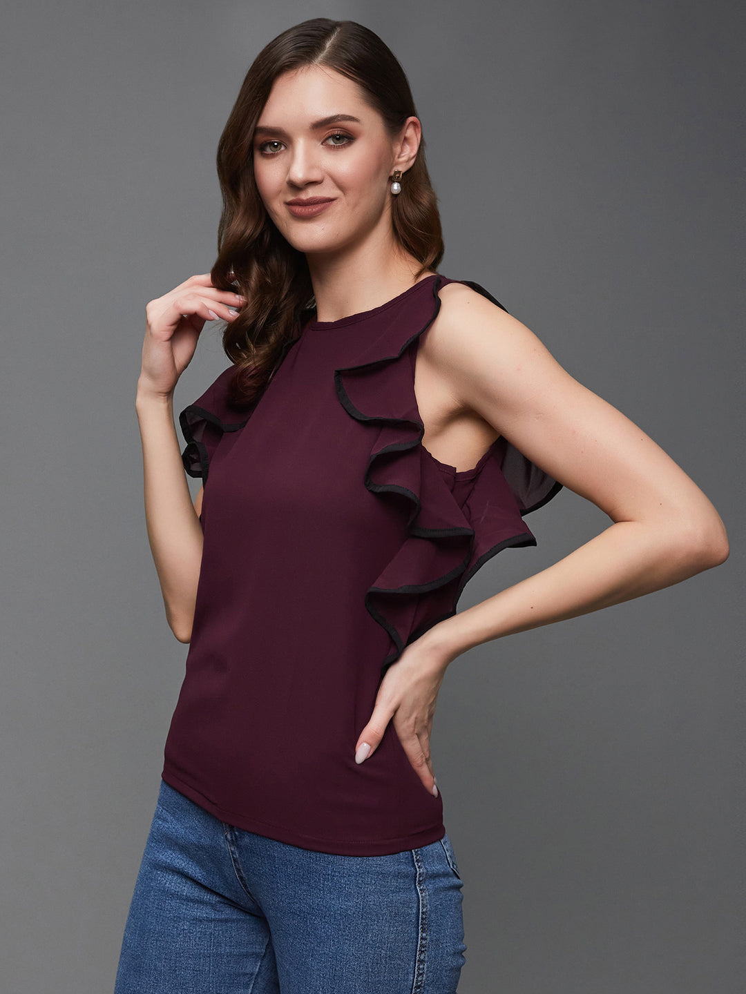 Women's Wine and Black Round Neck Sleeveless Solid Ruffle Regular Top