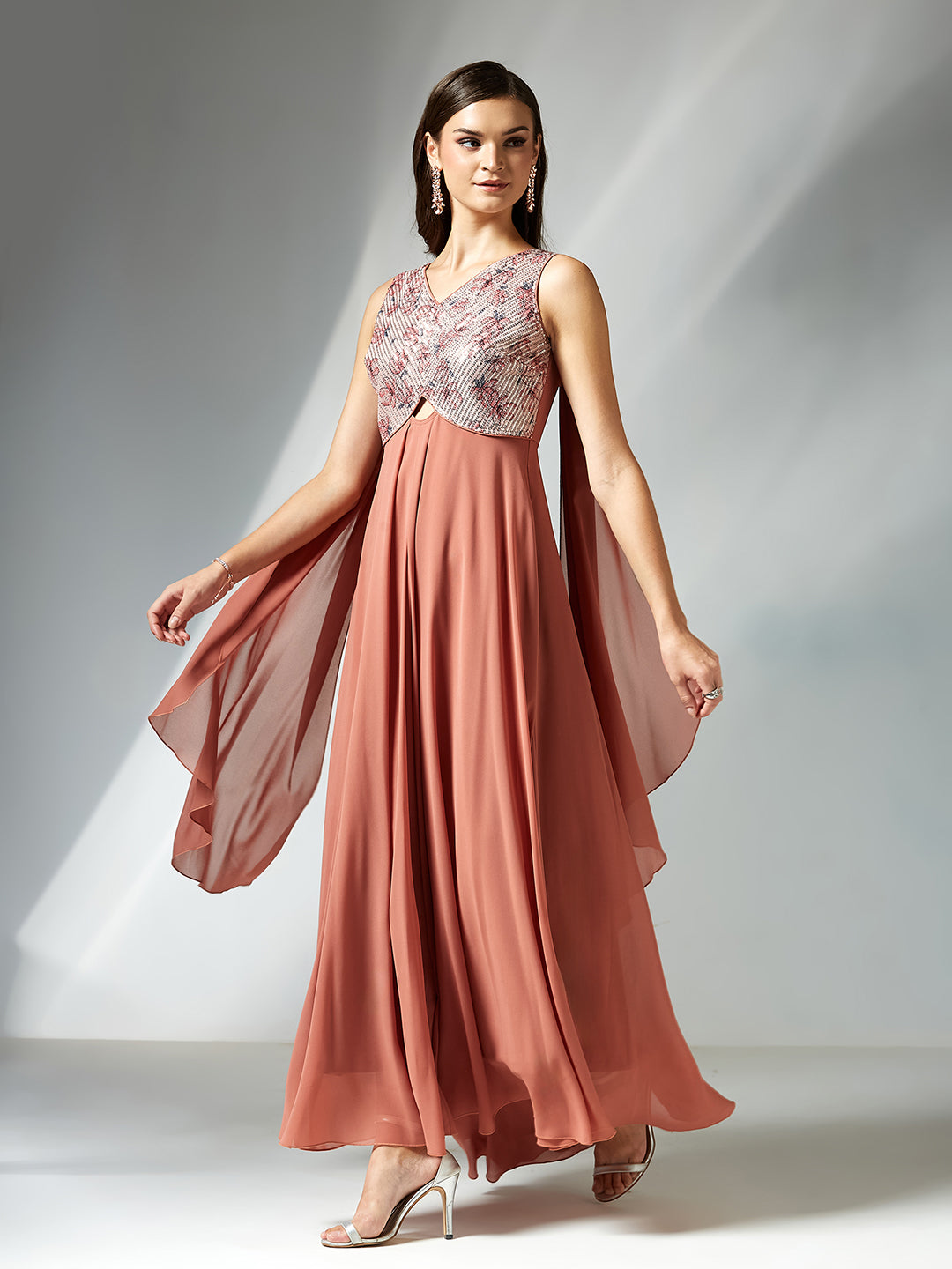 Women's Light Turquoise V-Neck Sleeveless Floral Cut-Out Georgette Maxi Dress