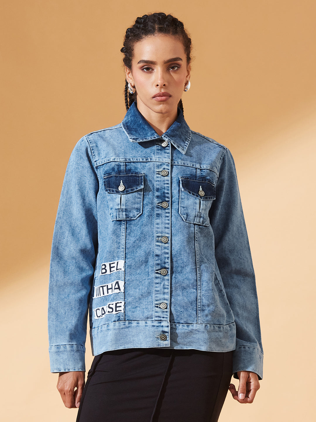 Light-Blue Polo Neck Solid Full Sleeve Bomber Jacket for Women