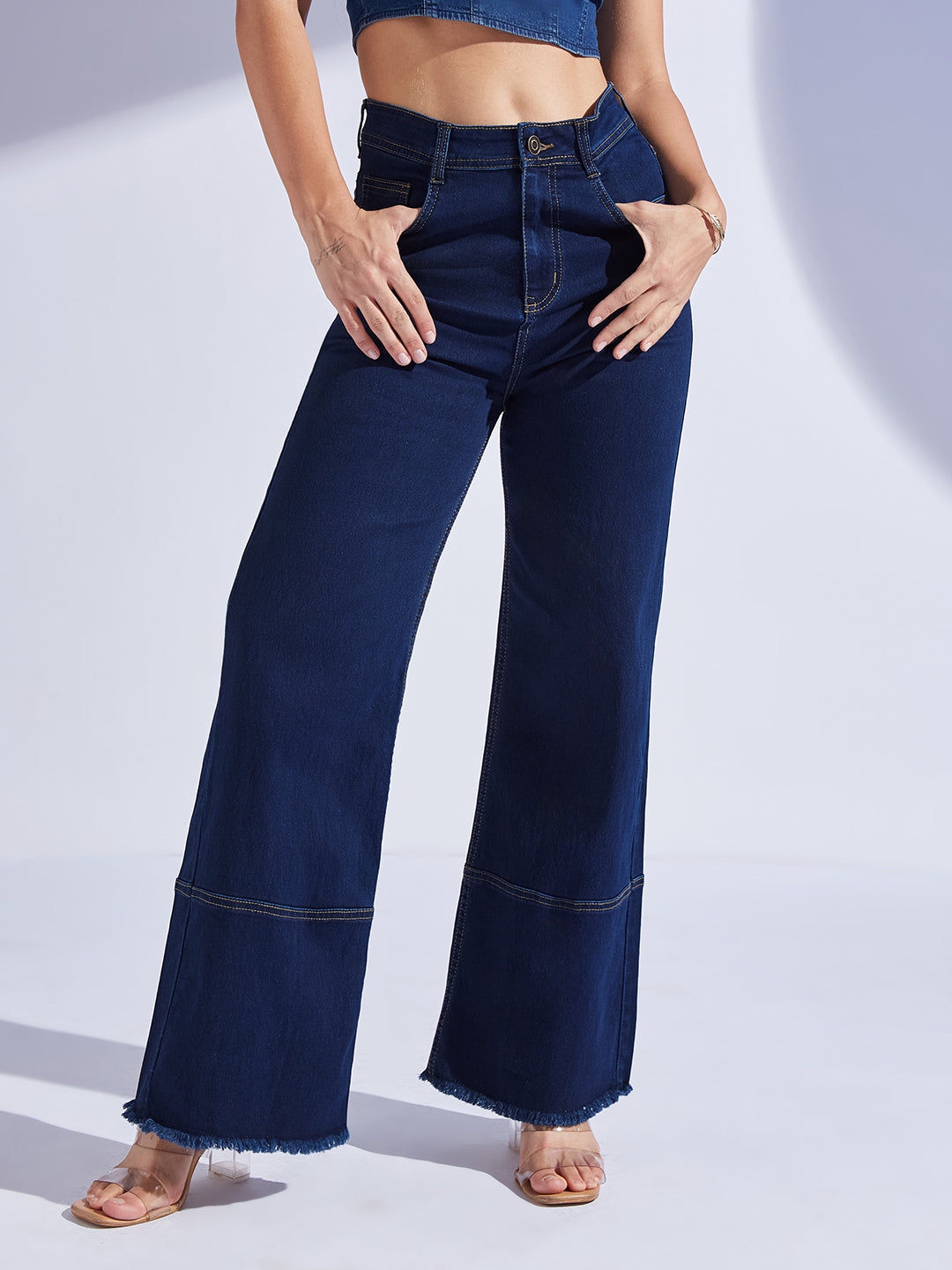 Women's Navy Blue Wide Leg High-Rise Regular-Length Stretchable Denim Jeans