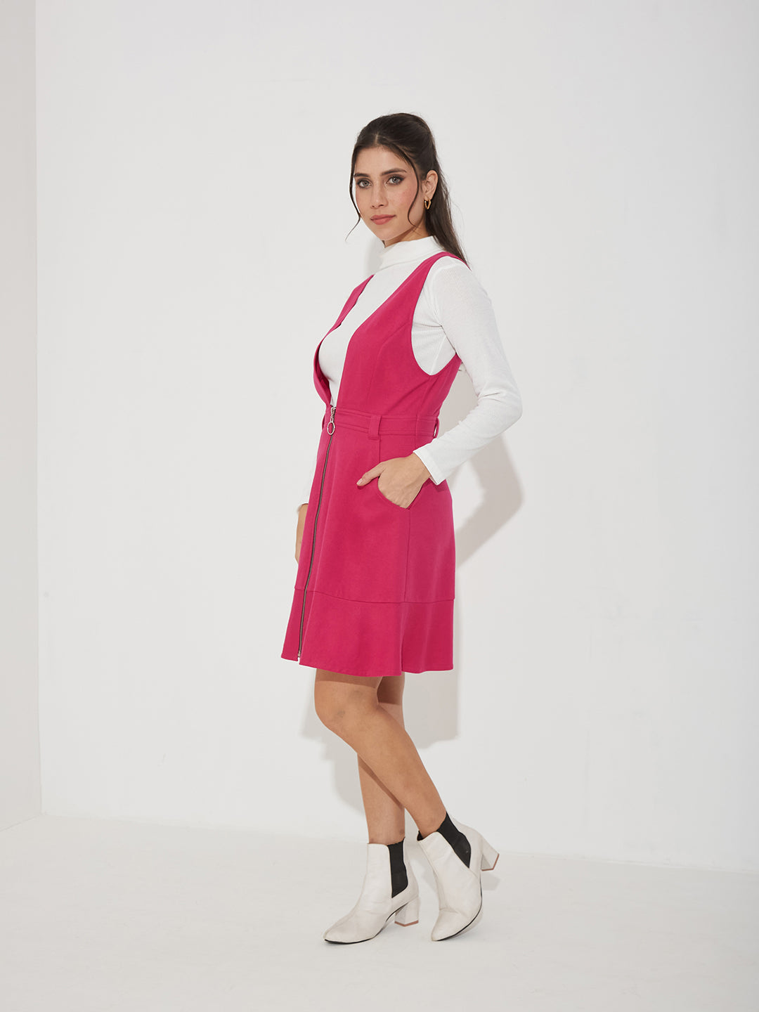 Pink Solid Polyester Pinafore Dress with Zipper Detail and Side Pockets for Women — Miss Chase