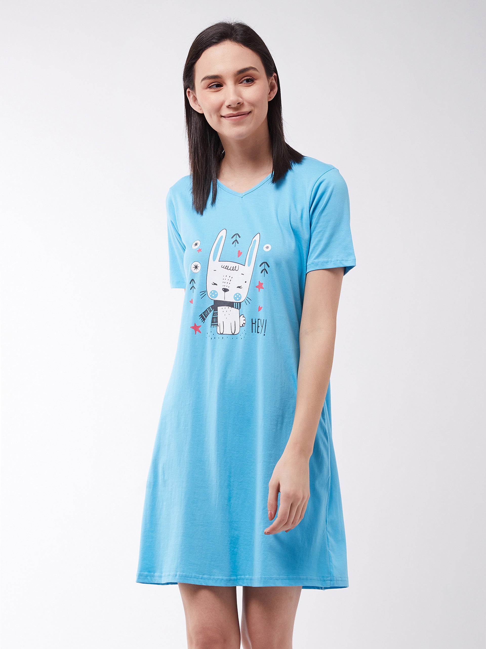 Women's Blue Round Neck Short Sleeves Printed Regular length Dress