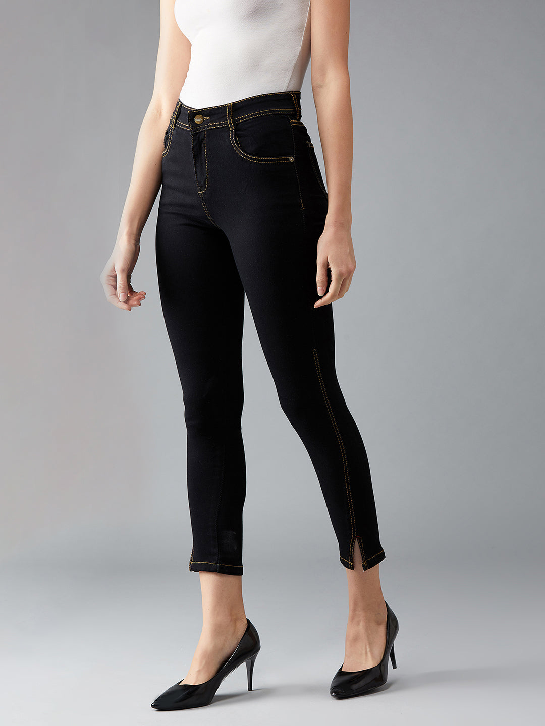 Women's Black Skinny High Rise Side Slit Solid Ankle Length Stretchable Denim Jeans