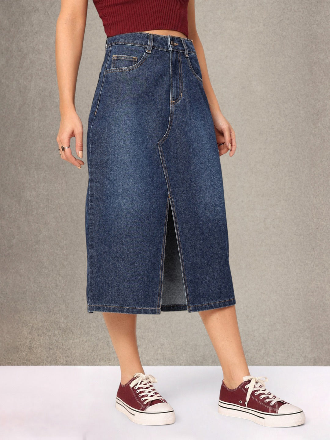 Dark Blue A-Line High-Rise Non-stretchable Denim Midi Skirt for Women