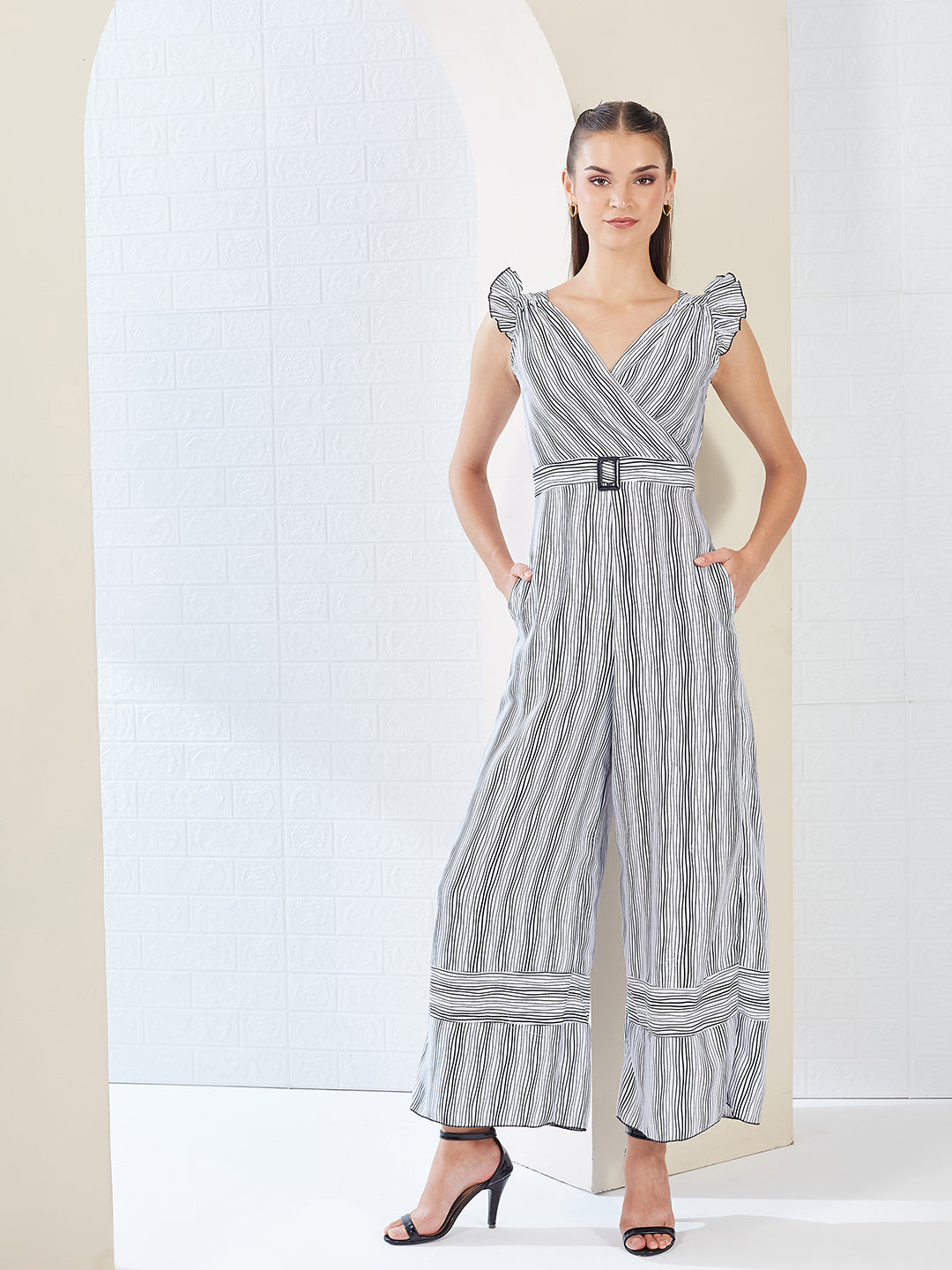 Black & White Striped V-Neck Frill Viscose Rayon Wrap Relaxed Fit Regular Jumpsuit for Women — Miss Chase