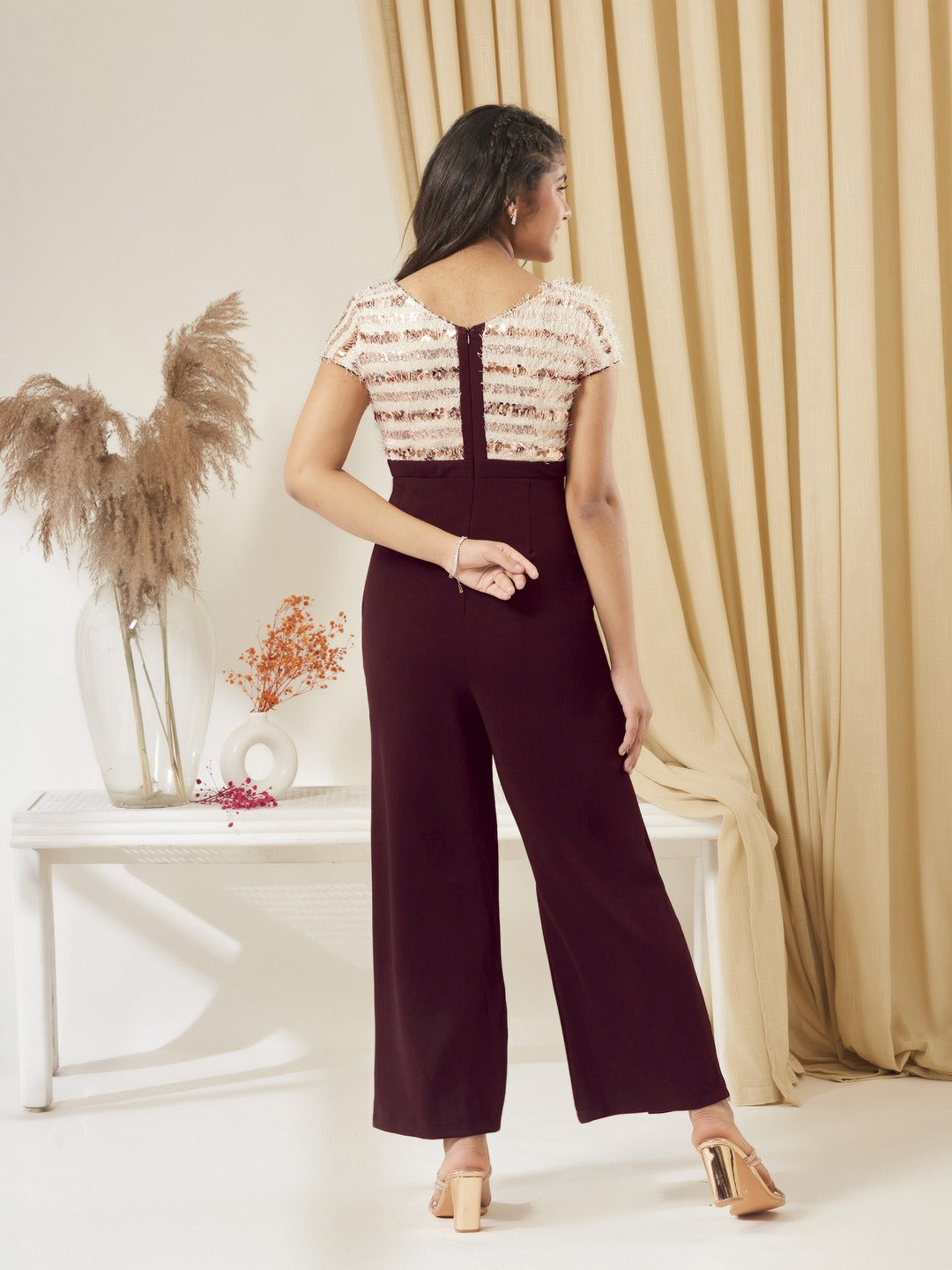 Wine & Beige Round Neck Short Sleeve Embellished Front Slit Fringed Regular Jumpsuit for Girls/Teenagers
