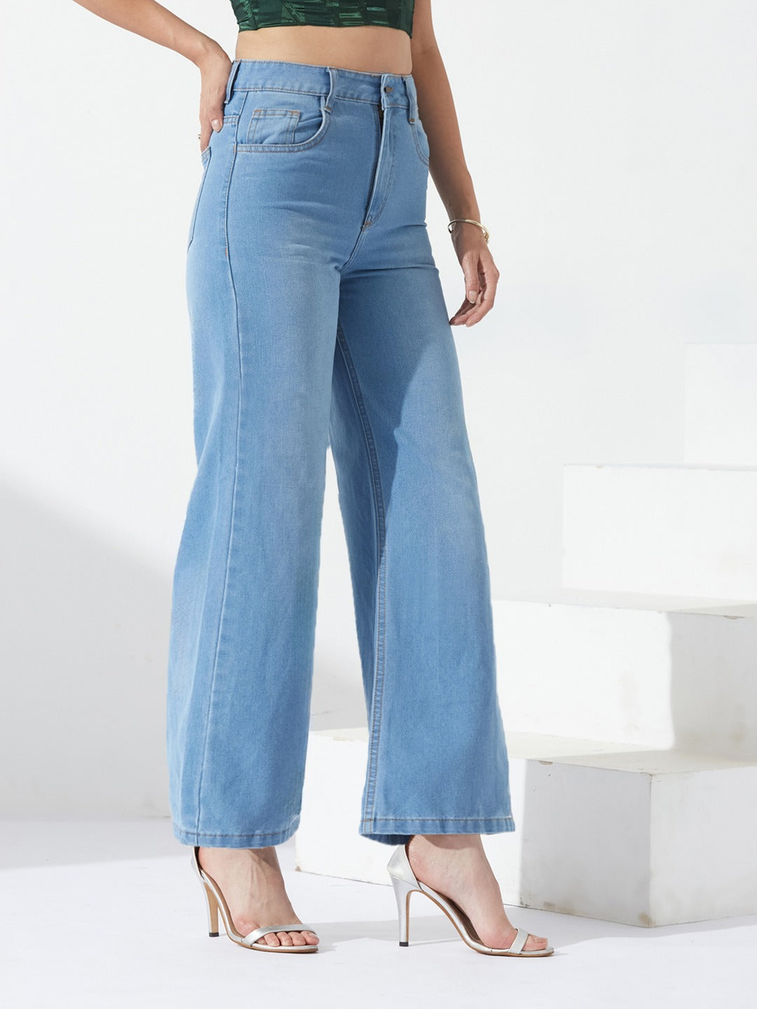 Light Blue Wide-Leg High-Rise Non-stretchable Denim Jeans for Women