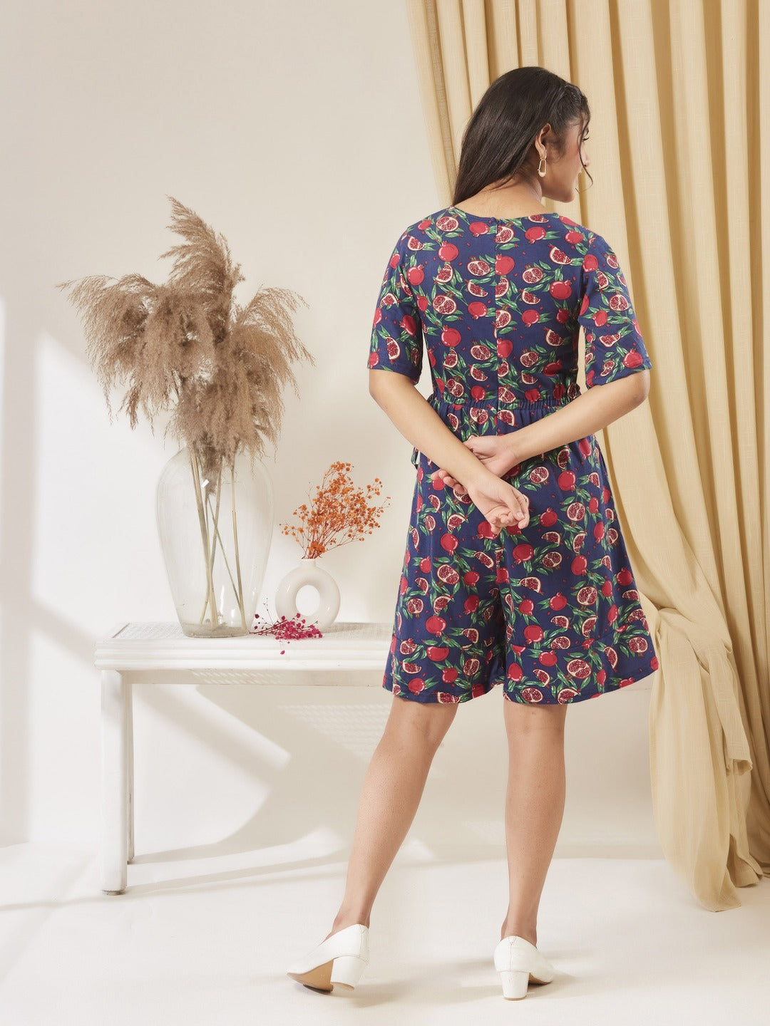 Navy Blue V-Neck Half-Sleeve Tropical-Printed Wrap Knee-Long Cotton Playsuit for Girls/Teenagers