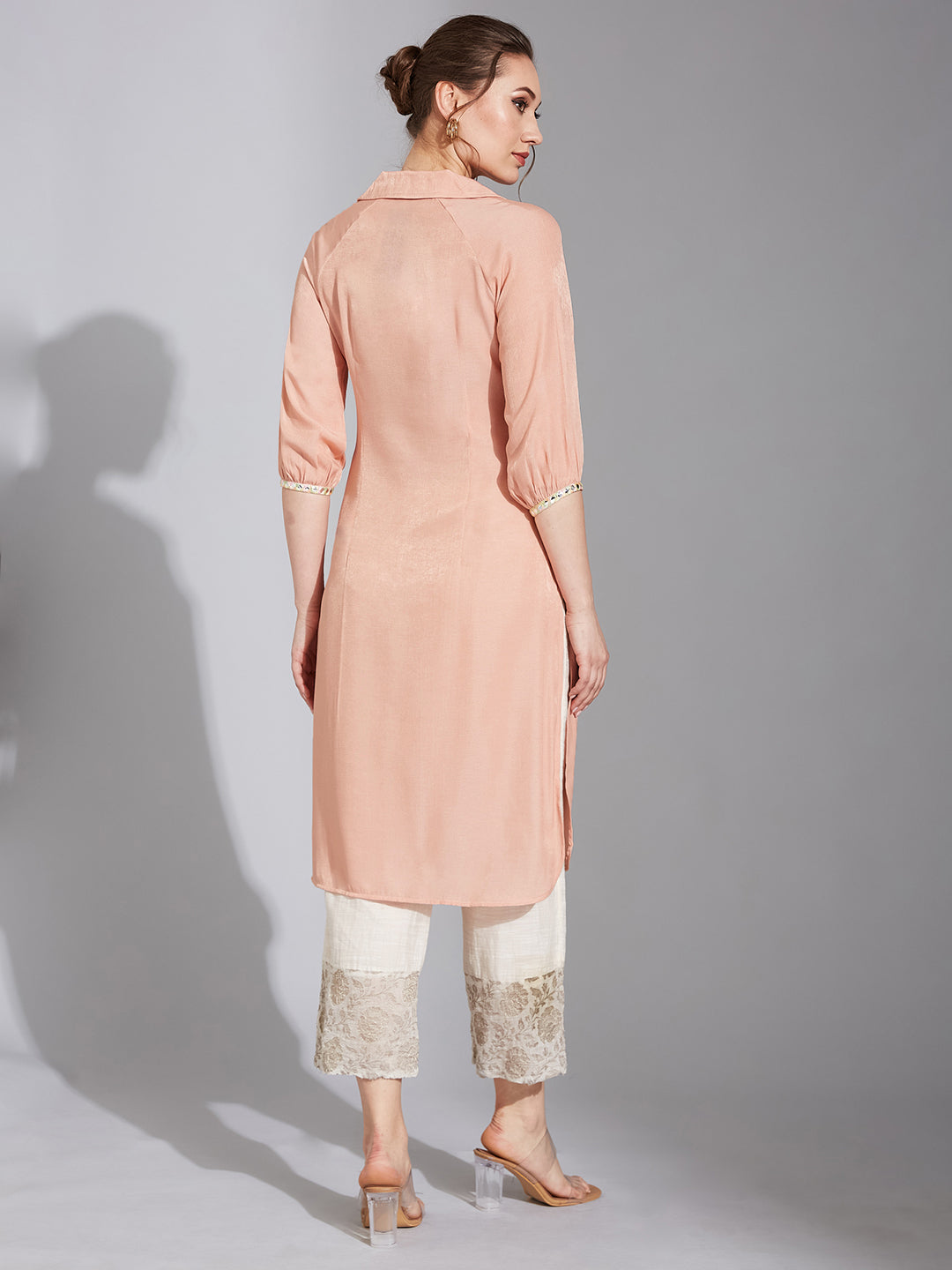 Women's Peach Colored Shirt Collar Full Sleeve Solid Raglan Knee-Long Polyester Kurta