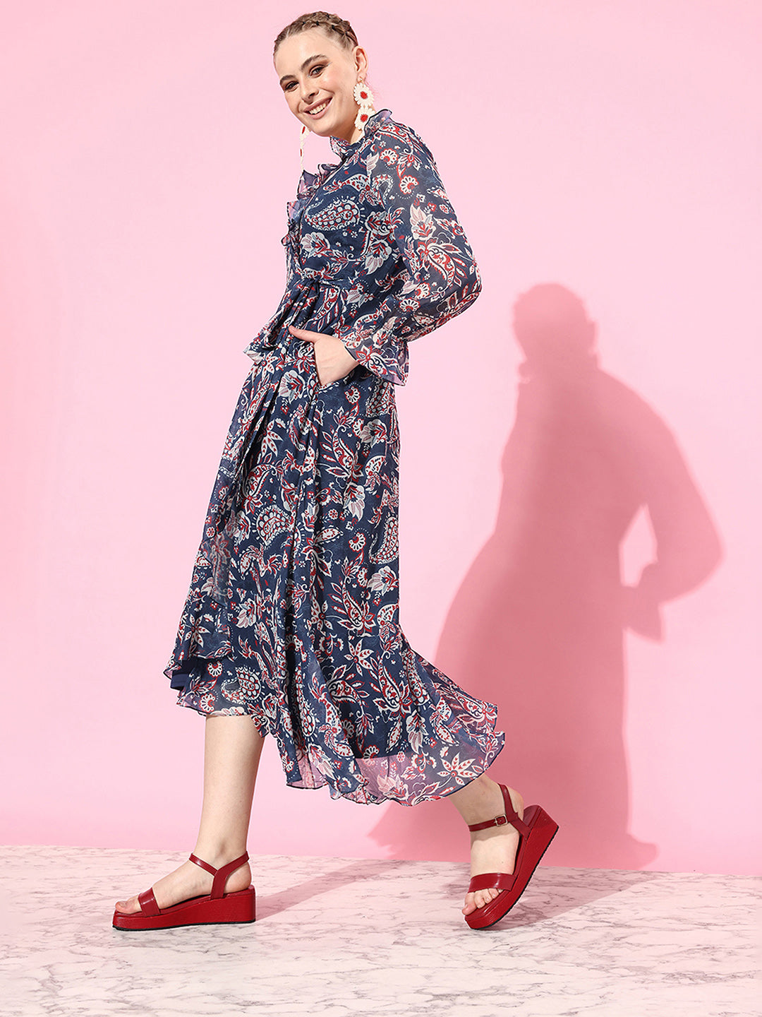 Women's Multicolored-Base-Navy Blue V Neck Full Sleeves Polyester Relaxed Fit Midi Length Dress