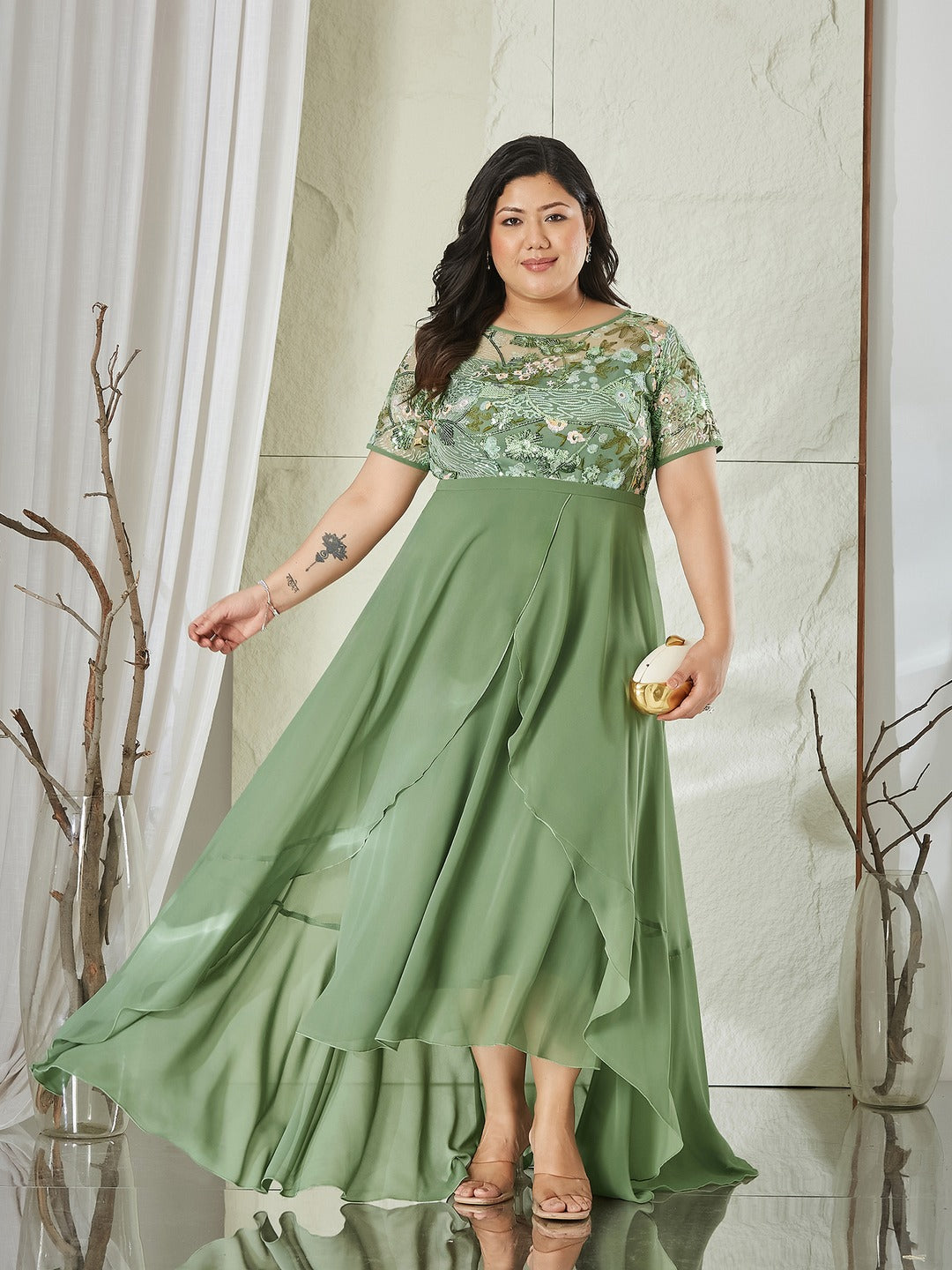 Light Green Embellished Layered Georgette Midi Dress for Women