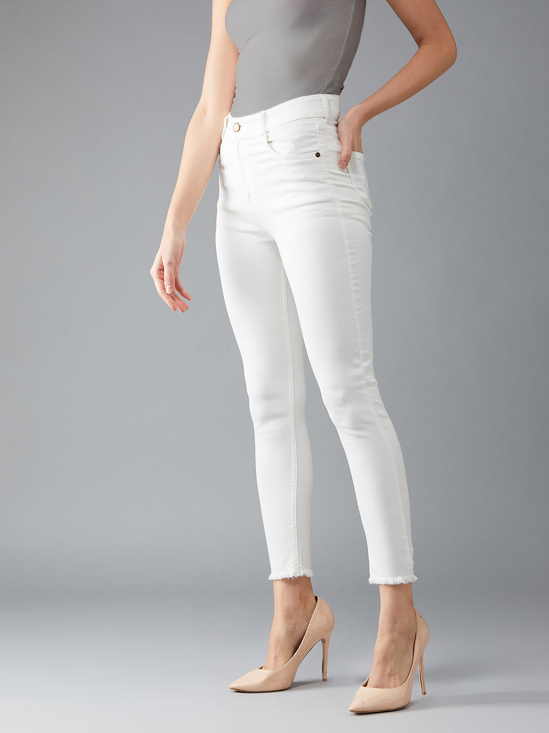 Women's White Skinny High Rise Clean Look Bleached Cropped Stretchable Denim Jeans