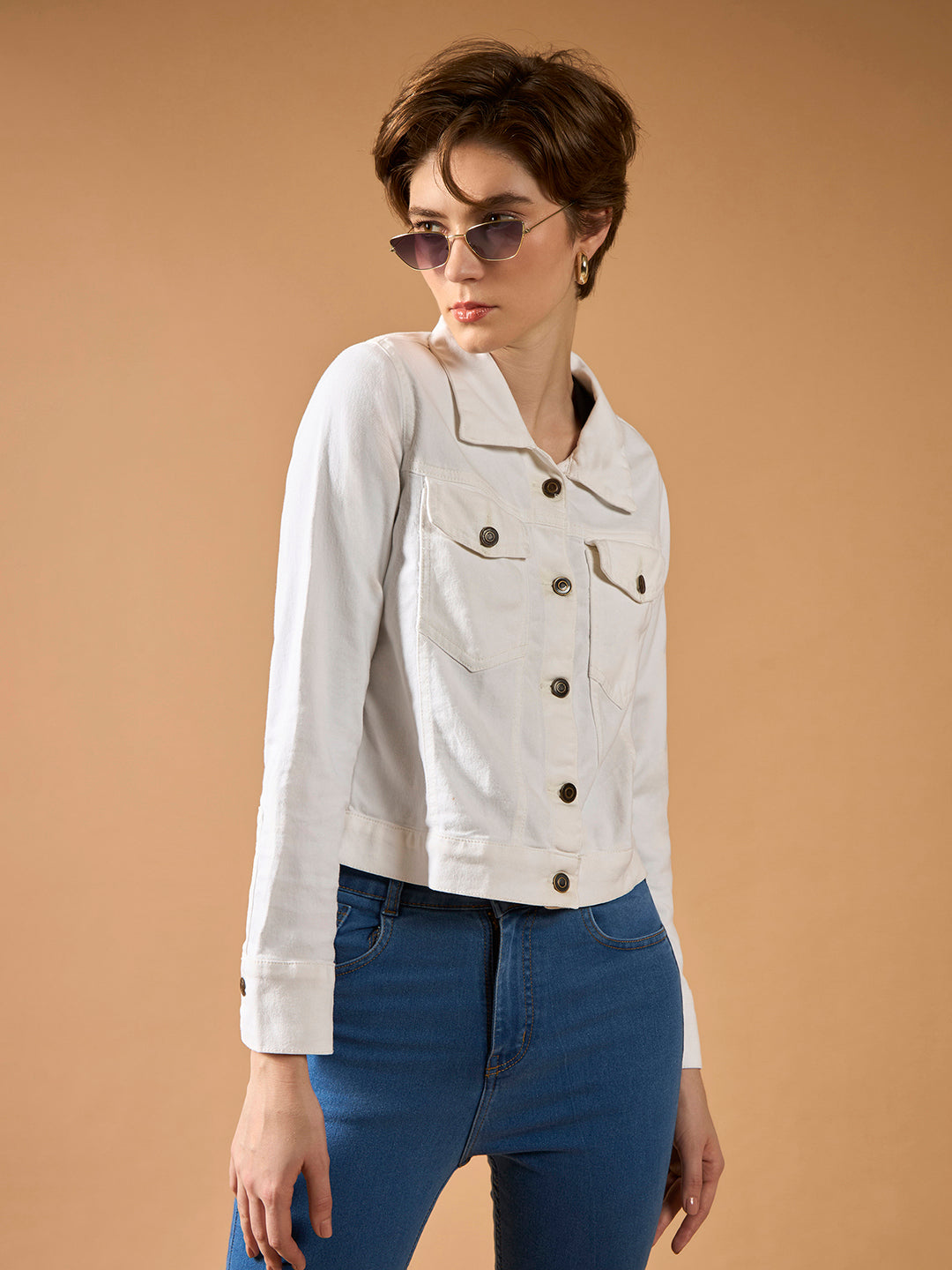Women's White Polo Neck Full Sleeves Denim Solid Cropped Jacket