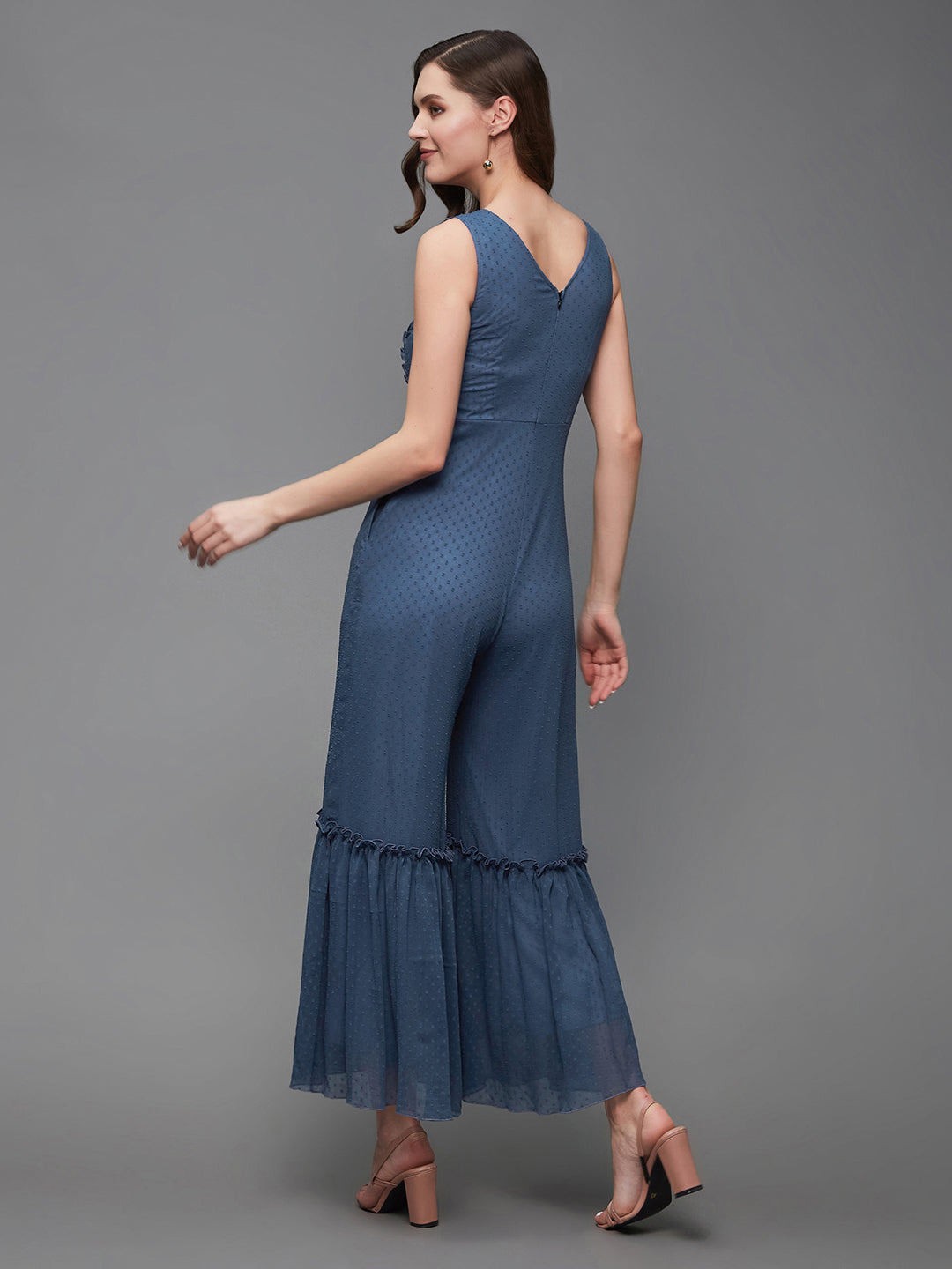 Women's Azure Blue Keyhole Neck Sleeveless Self Designed Chiffon Tiered Regular Jumpsuit