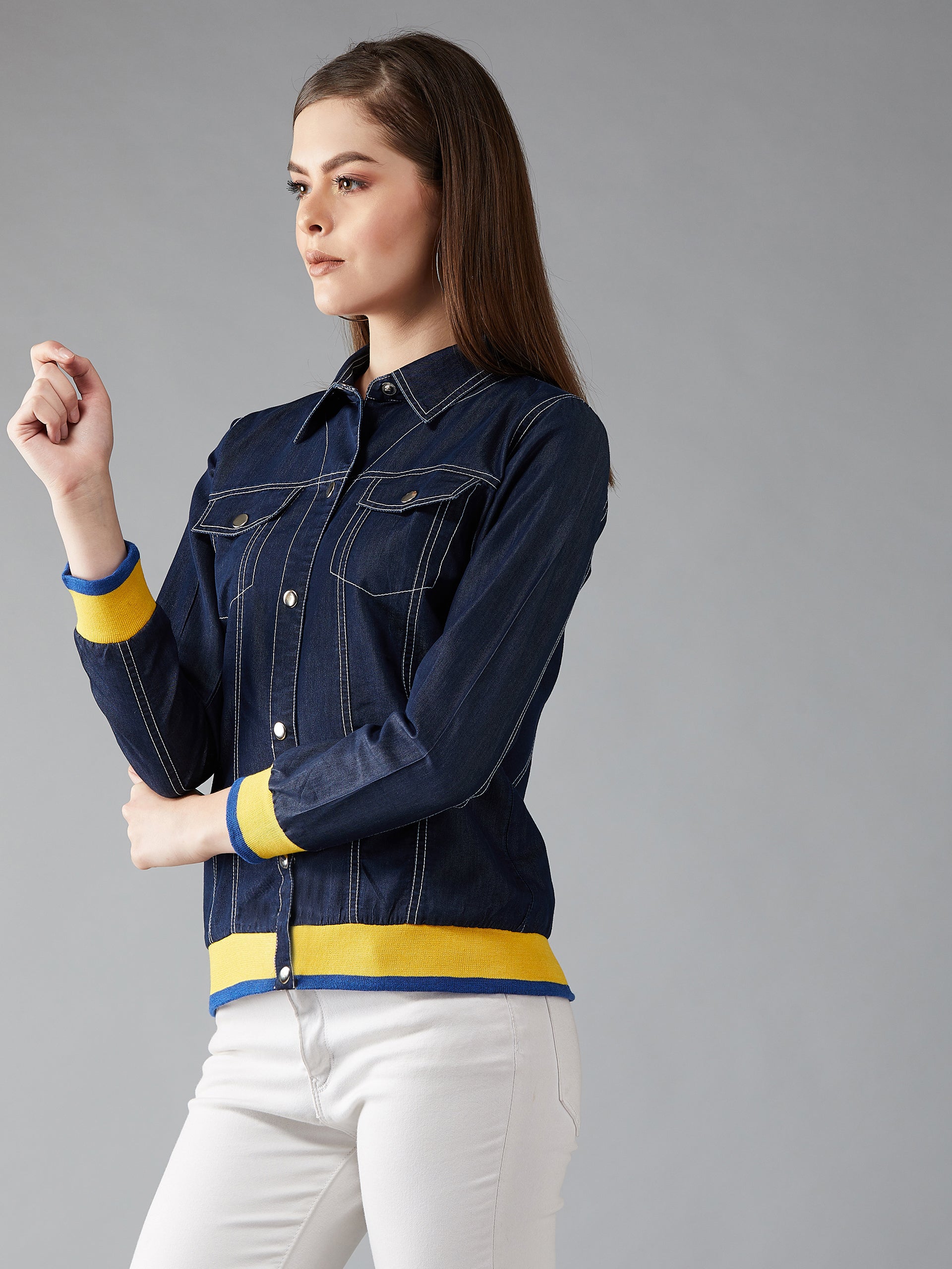 Women's Navy Polo Neck Full Sleeve Solid Bomber Regular Jacket