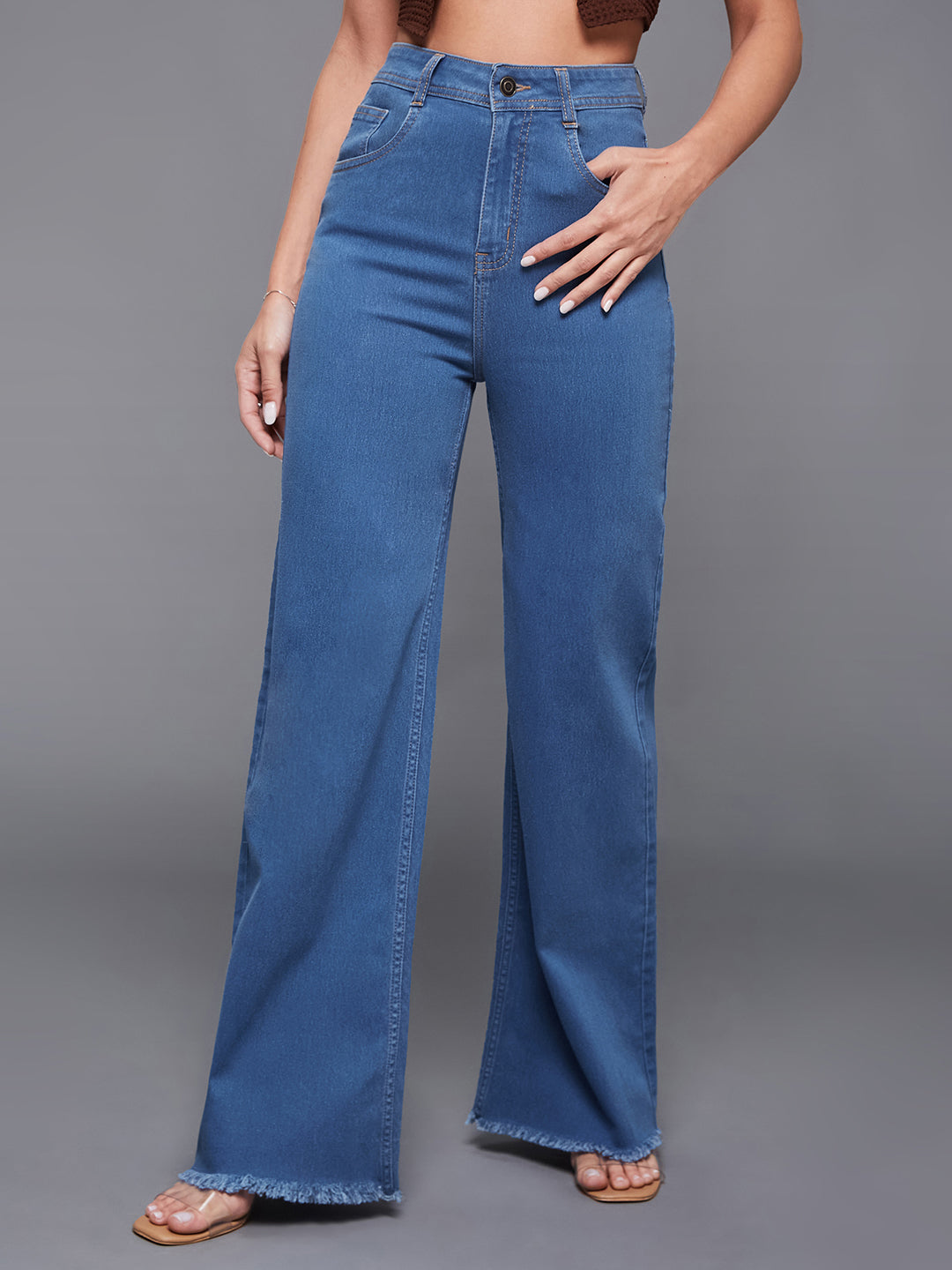 24/7 Comfort Women's Mid Blue Wide-Leg High-Rise Stretchable Denim Jeans