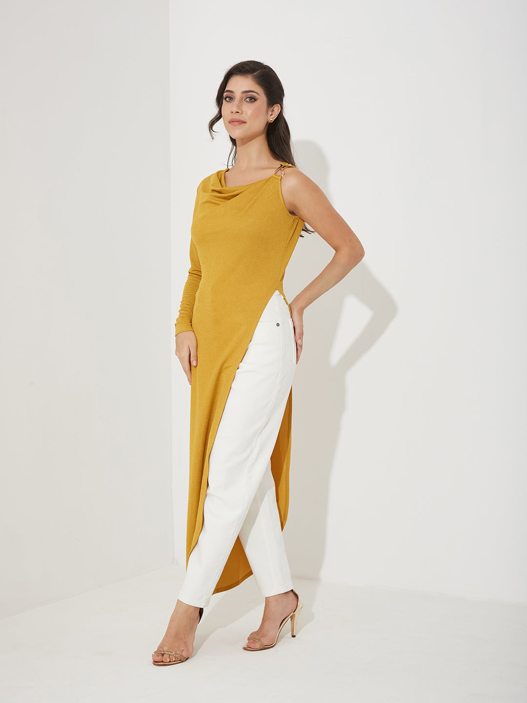 Women’s Golden Asymmetric Cowl Full-Sleeved Solid Asymmetric Maxi Polyester Top for Women