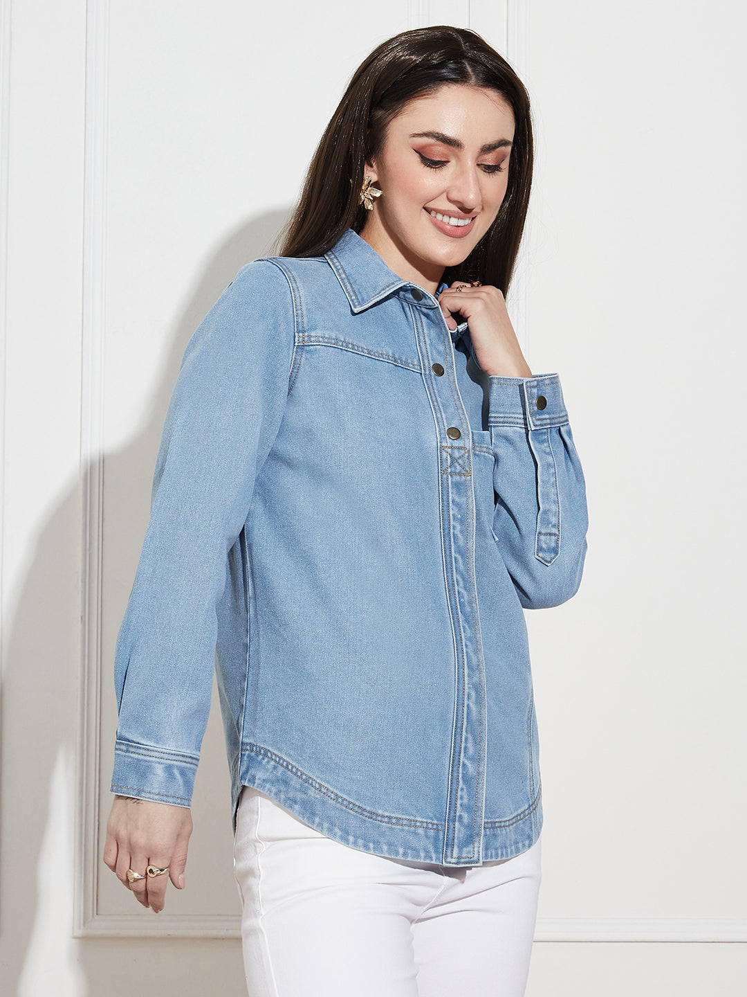 Women’s Light Blue Asymmetric Denim Shirt – Full Sleeves, Relaxed Fit, Collared