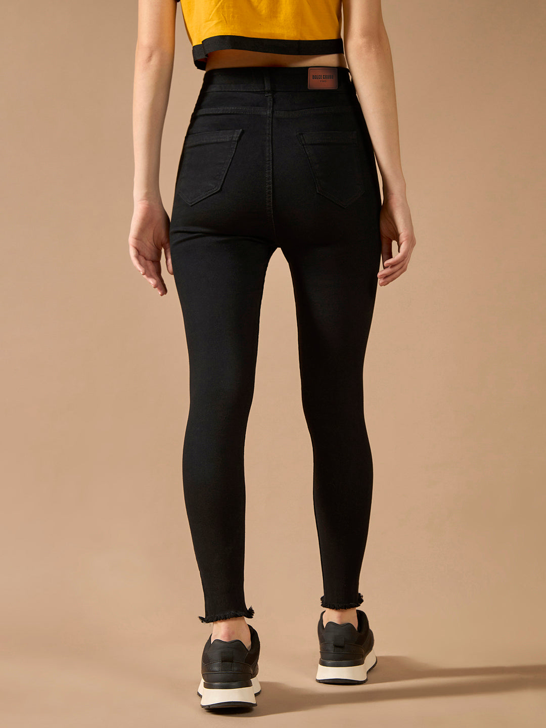 Women's Black Skinny Fringed Detailing High-Rise Clean-Look Solid Cropped Stretchable Denim Jeans