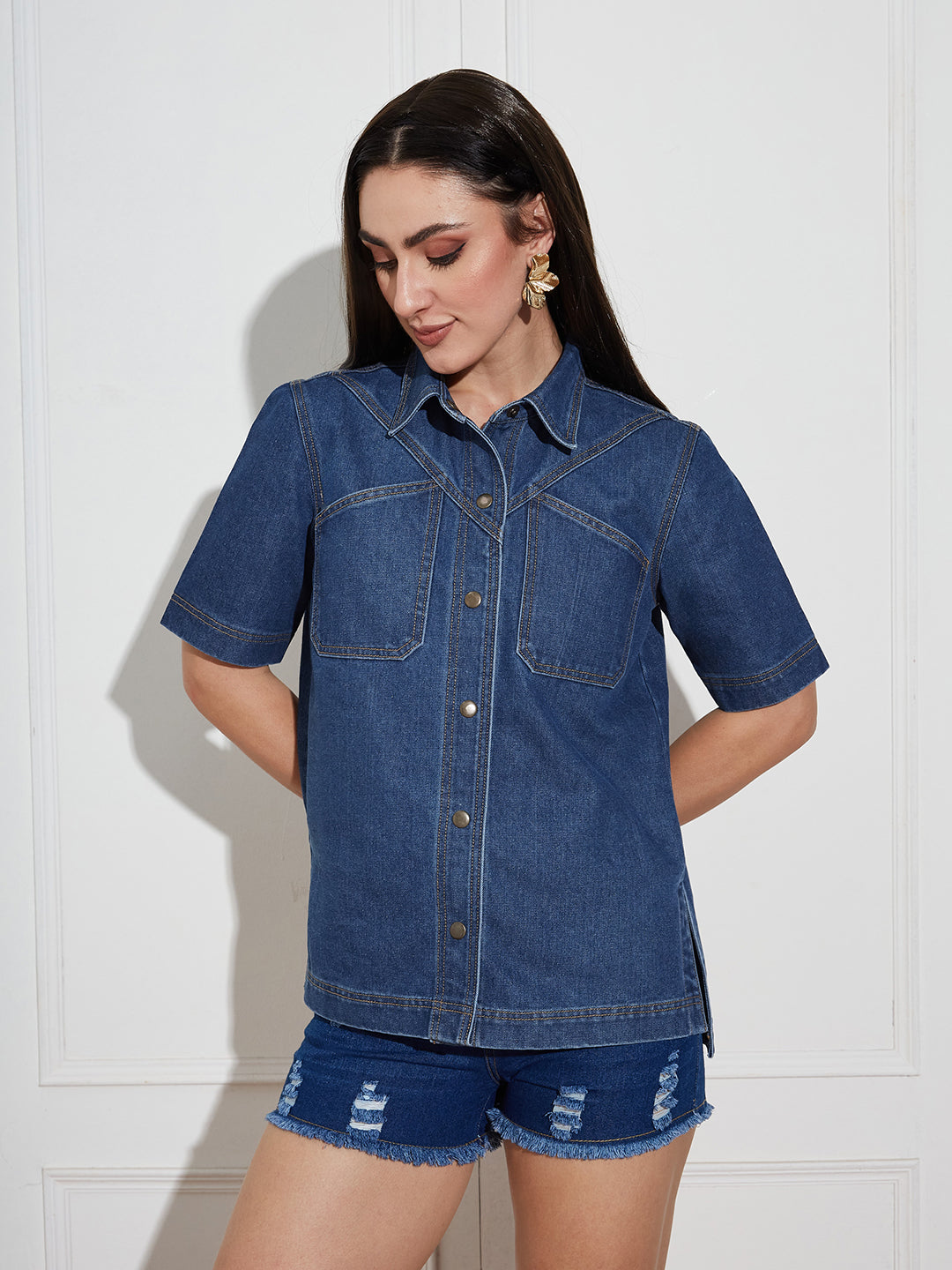 Women's Navy Blue Boxy Denim Shirt – Half Sleeves, Collared, Relaxed Fit