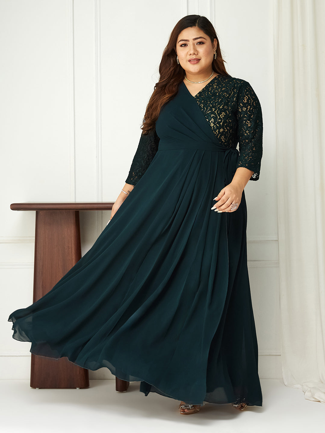 Women's Teal V-Neck 3/4 Sleeve Self-Designed Wrap-Styled Georgette Maxi Dress