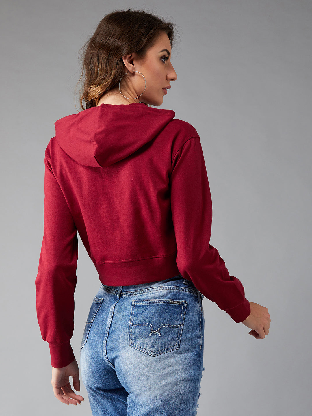 Women's Maroon Solid Round Neck Full Sleeve Hooded Boxy Crop Sweatshirt