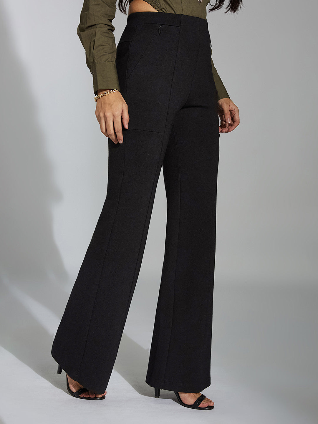 Women's Black Solid Bootcut Regular-Length Rayon Trouser