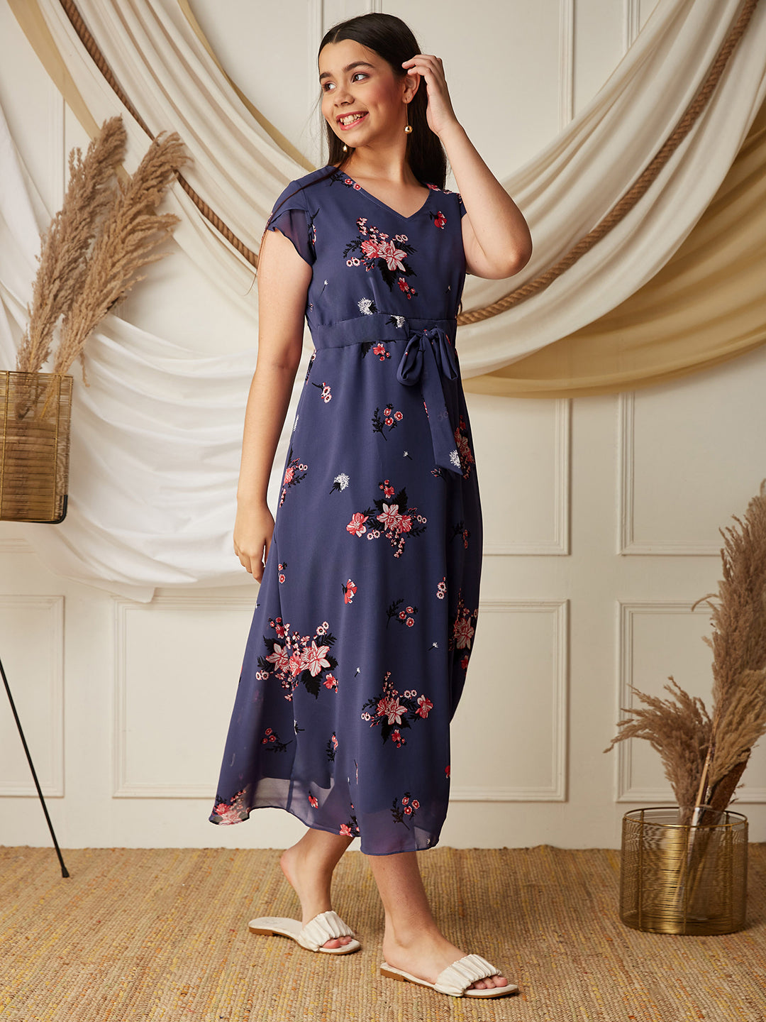 Multicolored Base Lavender V-Neck Short Sleeved Floral Pleated Midi Dress