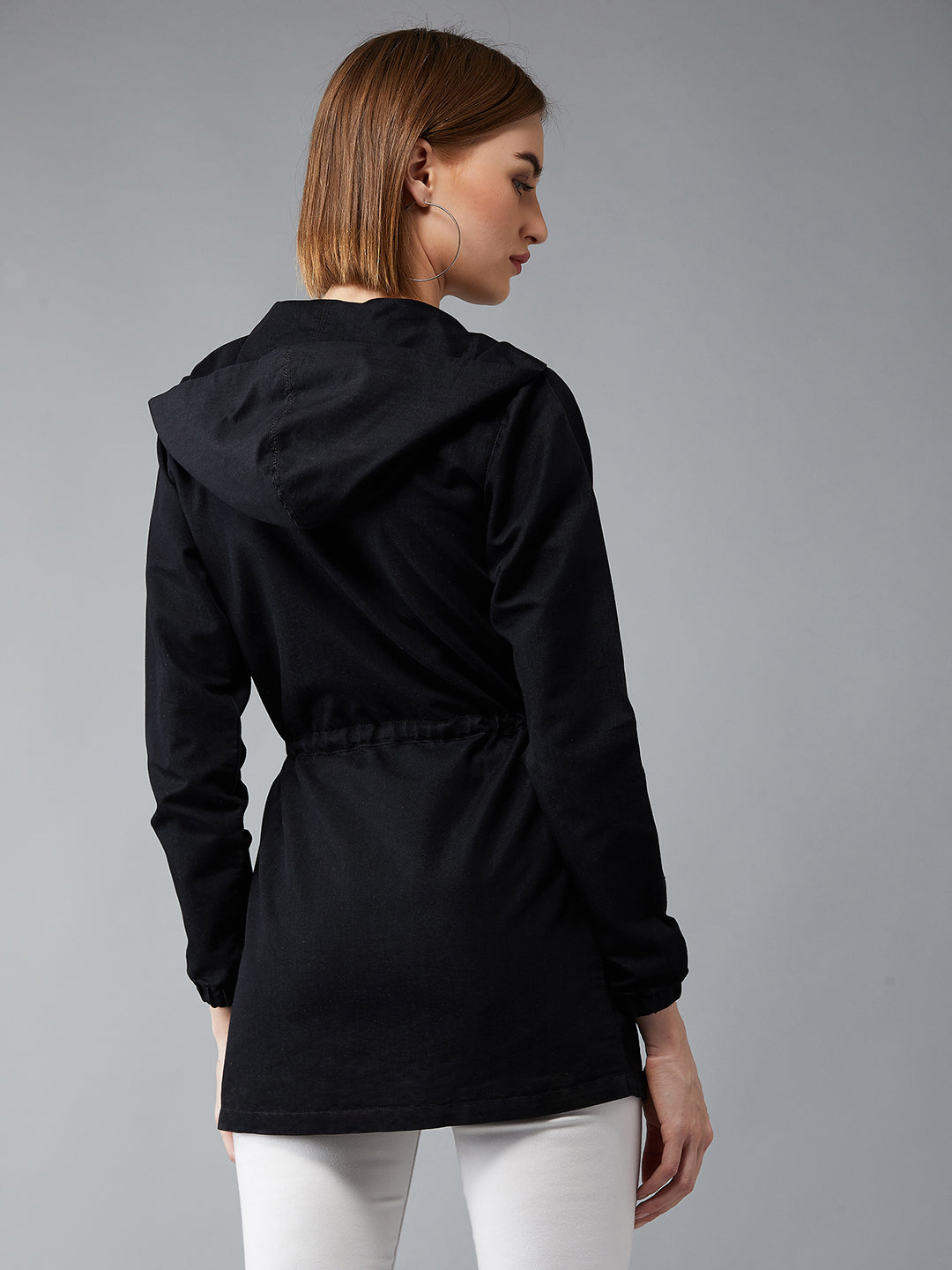 Women's Black Round Neck Full Sleeve Solid Long Hoodie With Tie-Up Regular Jacket