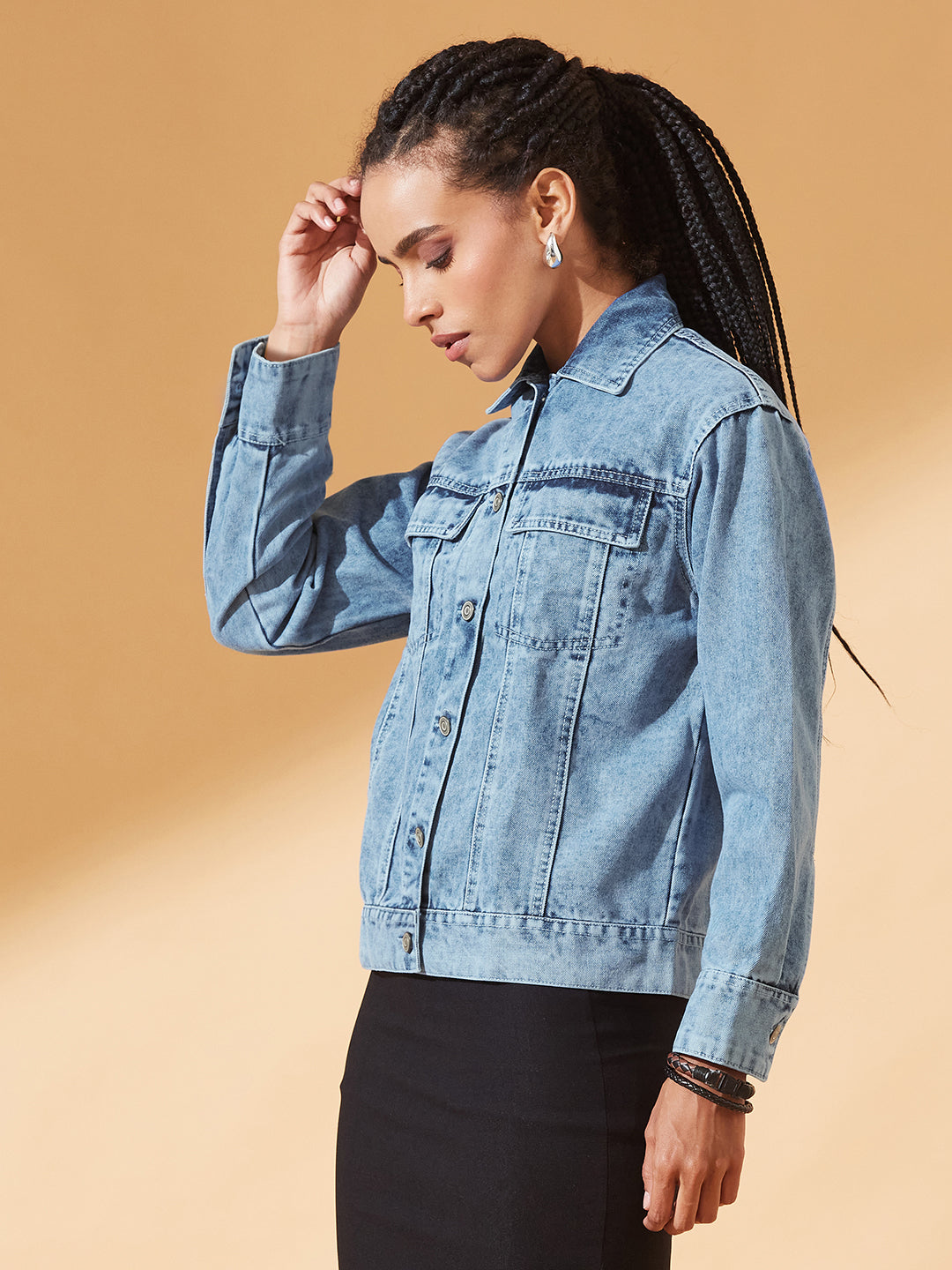 Light-Blue Collared Full Sleeve Solid Classic Denim Jacket for Women