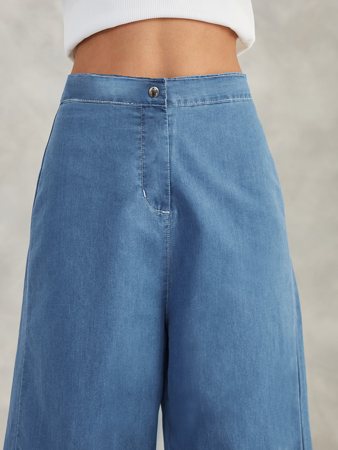 Women's Blue Flared Wide-Leg High-Rise Non-Stretchable Denim Pants