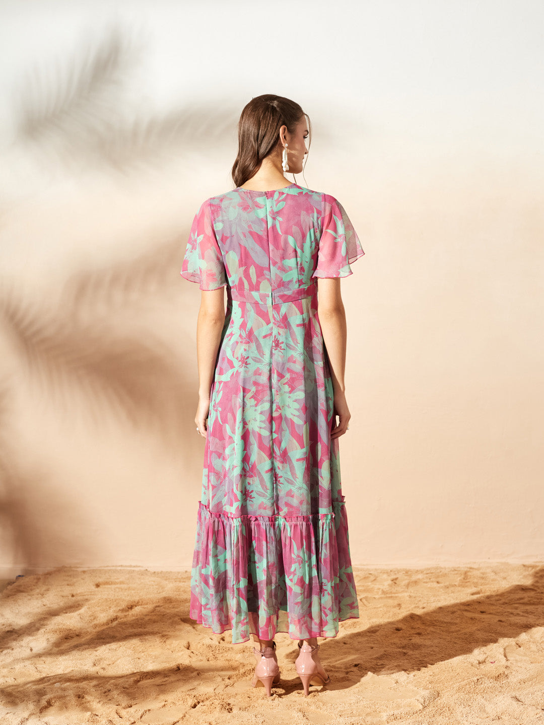 Pink & Mint Floral Printed Flutter Sleeves Maxi Dress for Women