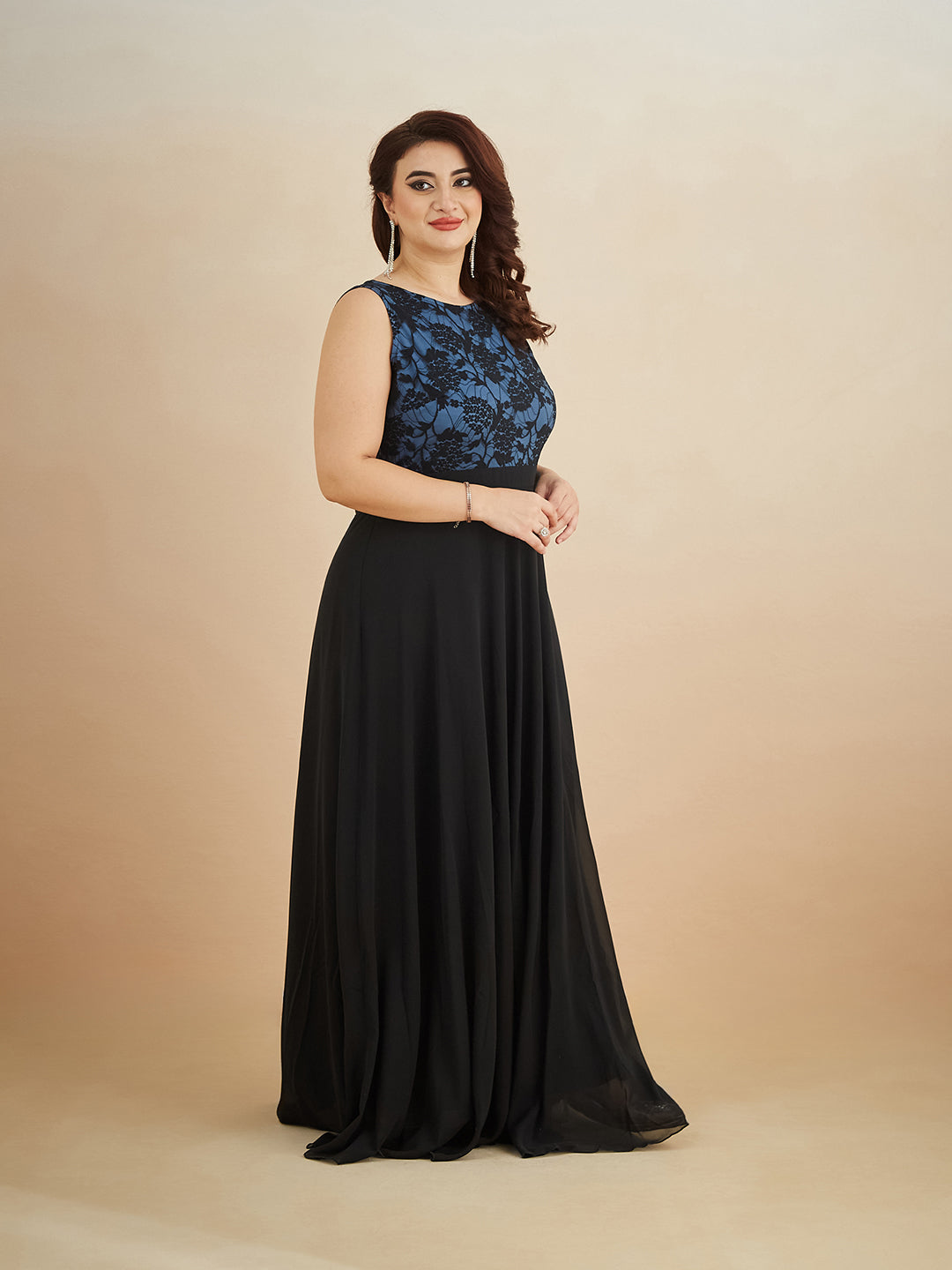 Blue & Black Round Neck Sleeveless Georgette Floral Lace Fit & Flare Maxi Dress for Women — Miss Chase A+