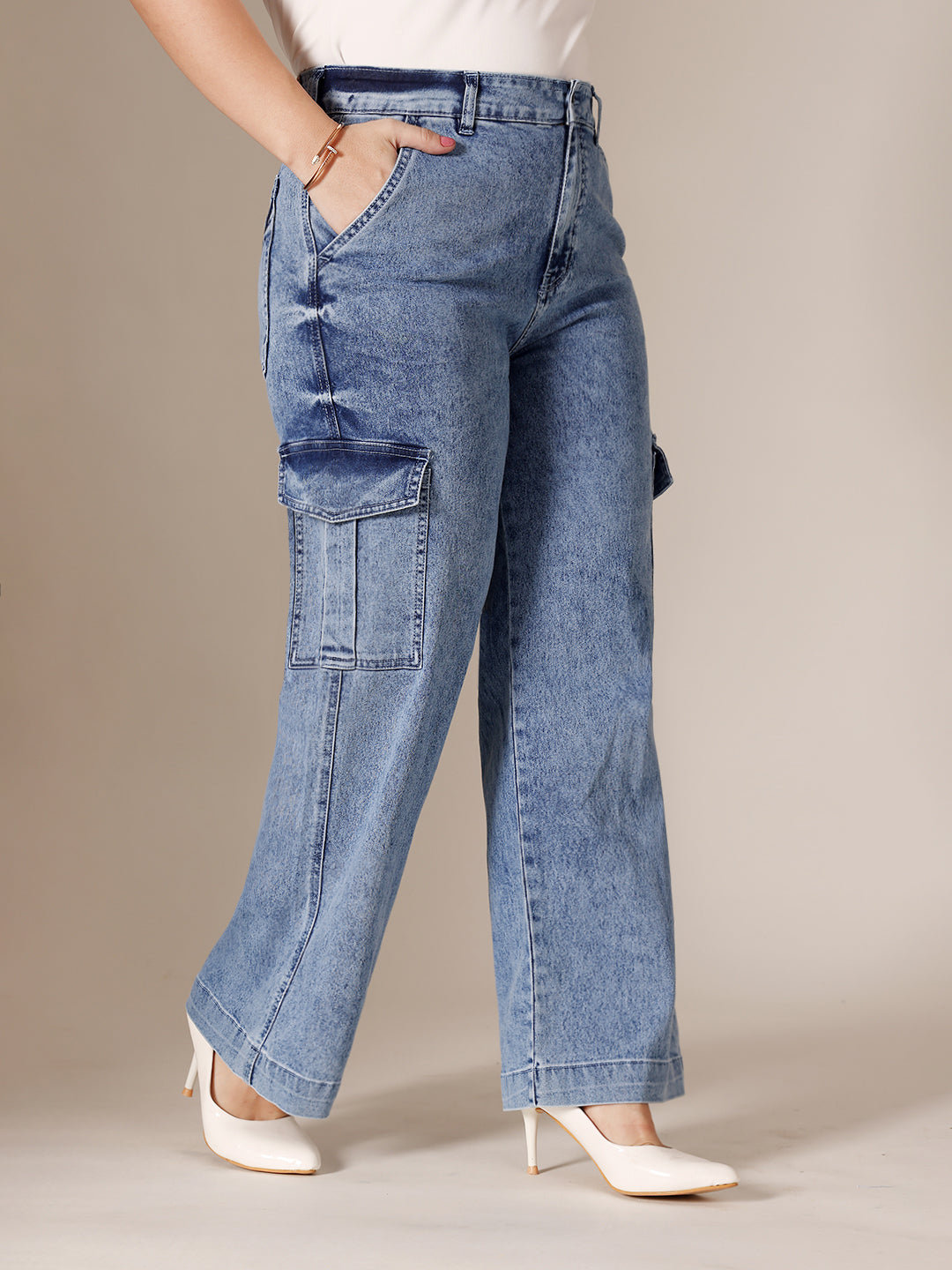 24/7 Comfort Mid Blue Wide-Leg High-Rise Clean-Look Regular-Length Stretchable Flared Cargo Style Denim Jeans for Women
