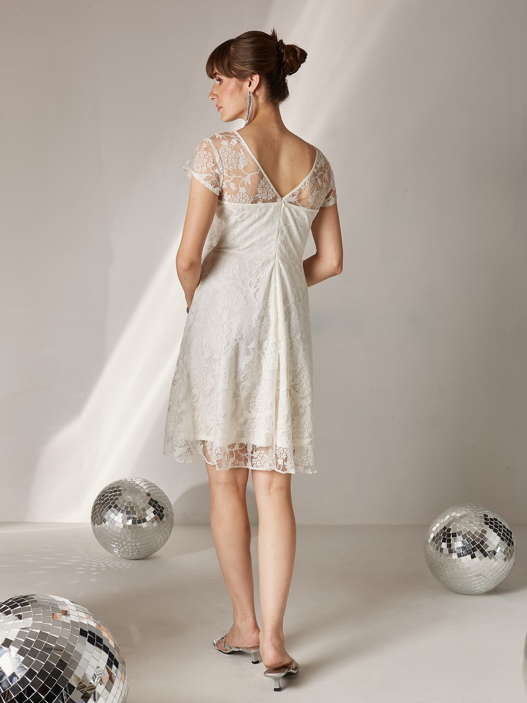 Off White Round Neck Cap Sleeve Self-Designed Skater Mini Dress for Women