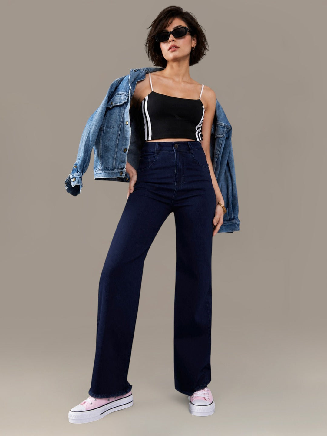 Navy Blue Wide-Leg High-Rise Stretchable Denim Jeans for Women