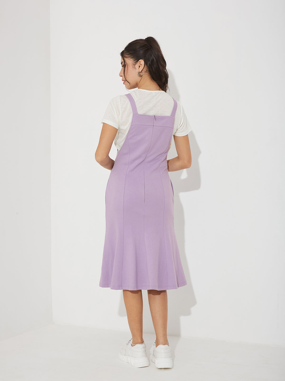 Lavender Round Neck Half Sleeve Solid Panneled/ Pinafore Knee-Long Polyester Dress Co-Ord Set for Women — Miss Chase
