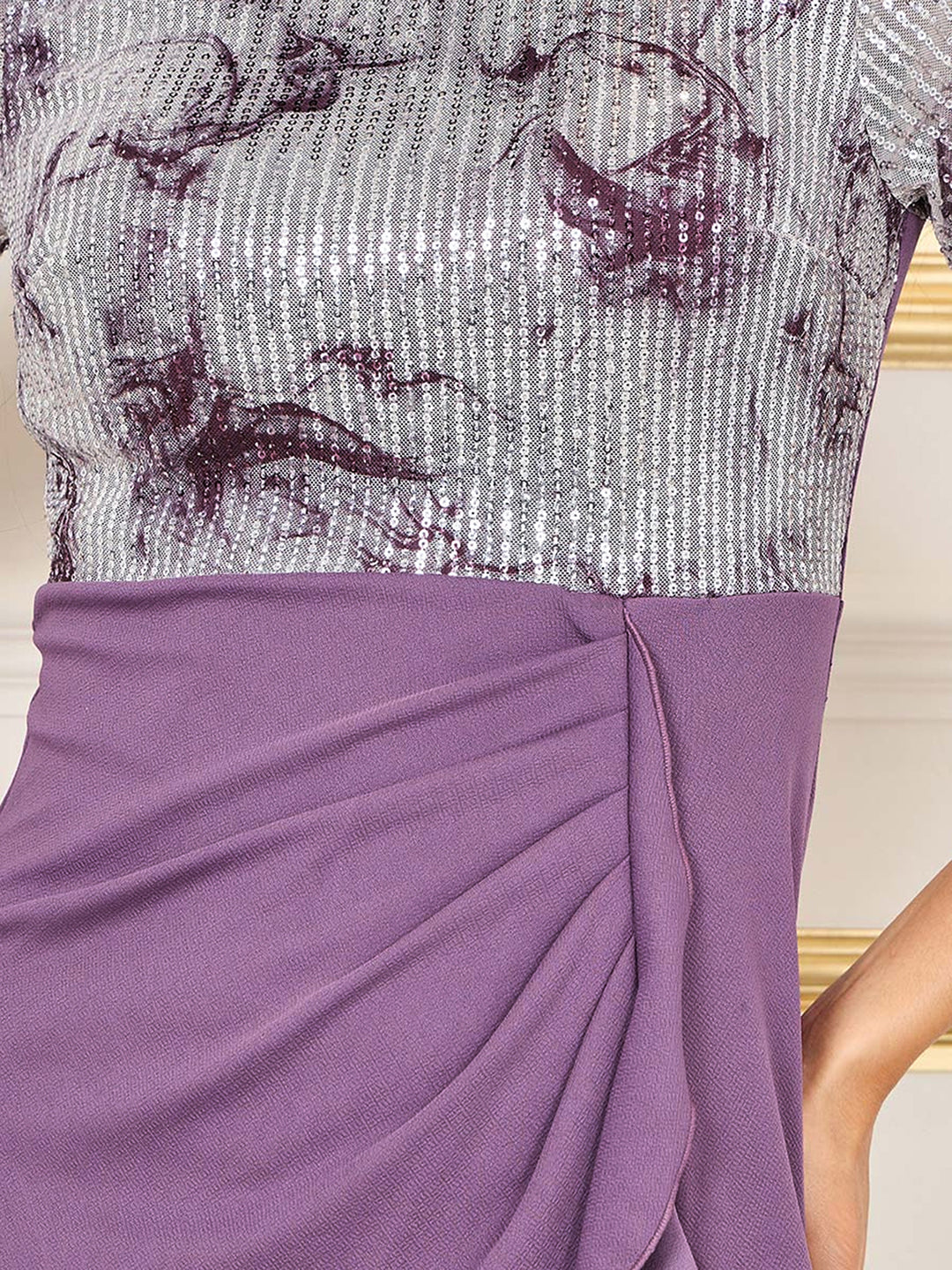 Women's Dark Lavender Round-Neck Regular Sleeve Abstract Ruffled Polyester Knee-Long Dress