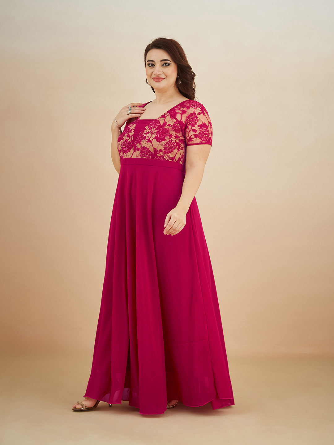 Dark Pink Square Neck Raglan Short Sleeve Self Design Lace Overlaid Georgette Maxi Dress for Women — Miss Chase A+